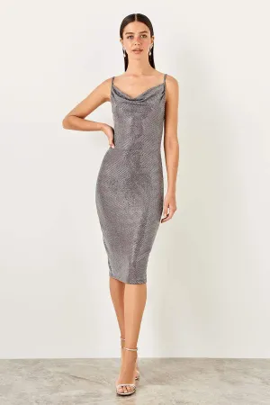 10935 Grey Cowl Neck Shimmer Slip Dress