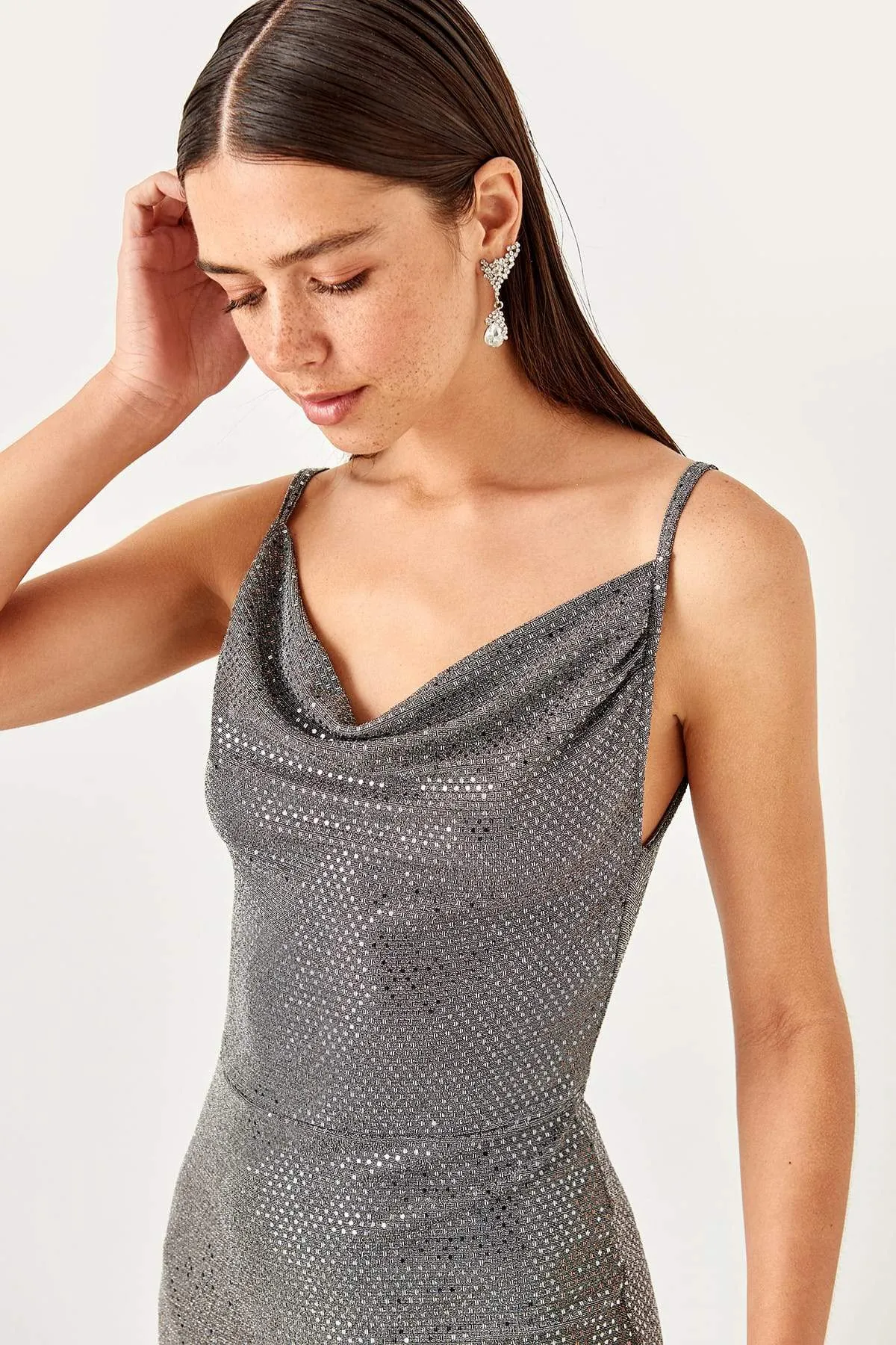 10935 Grey Cowl Neck Shimmer Slip Dress