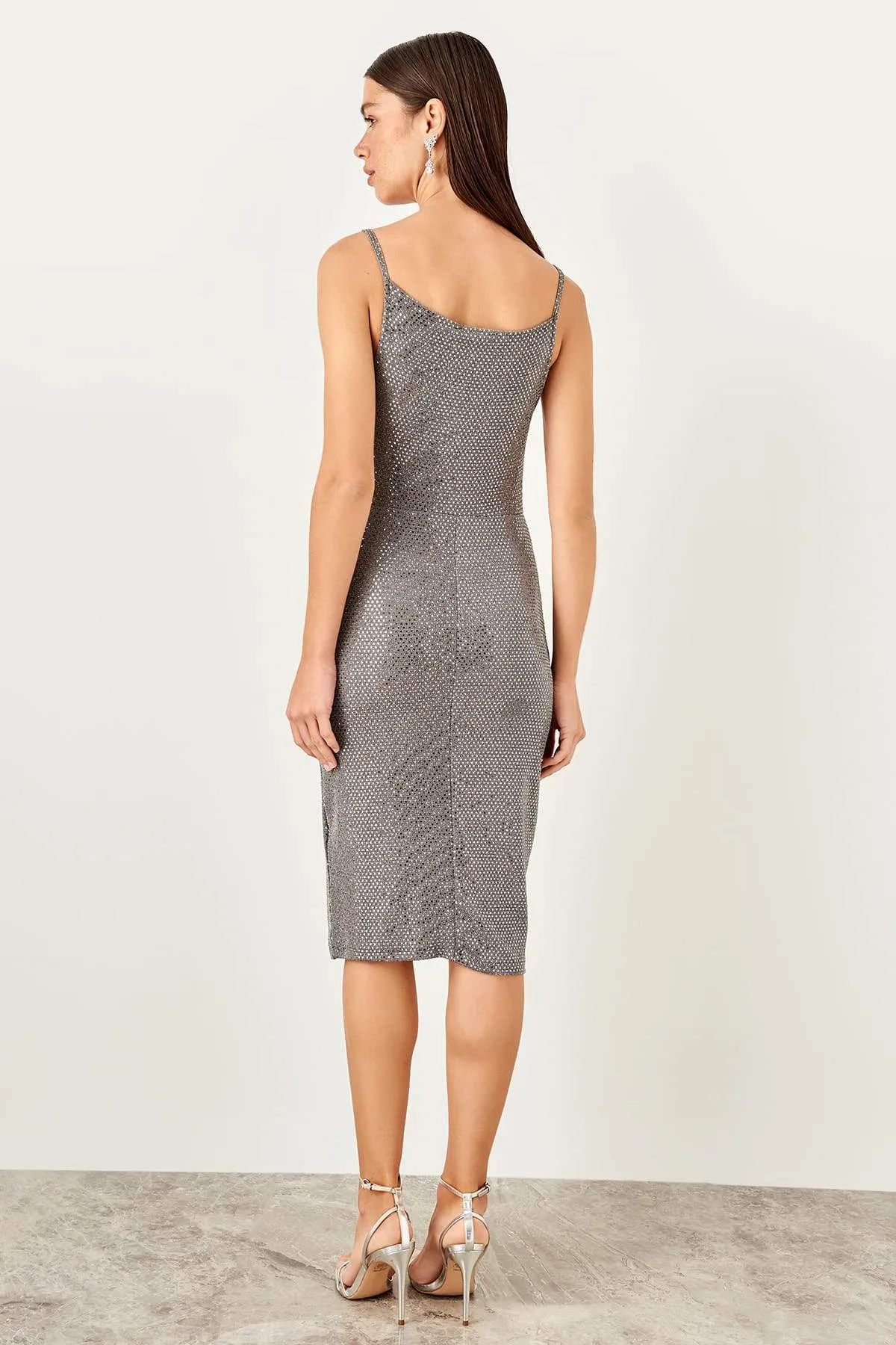 10935 Grey Cowl Neck Shimmer Slip Dress