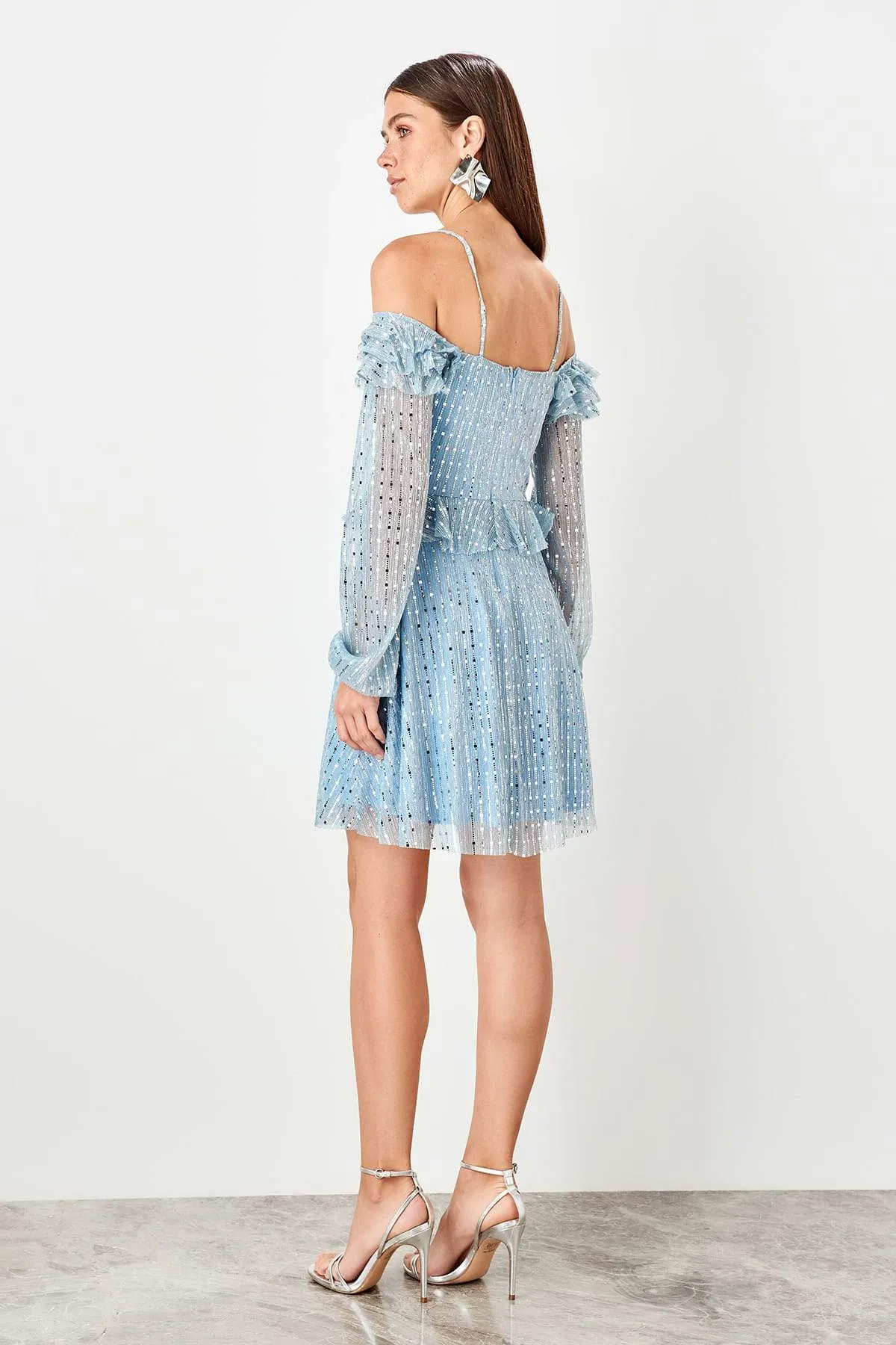 11624 Blue Off-Shoulder Glitter Dress