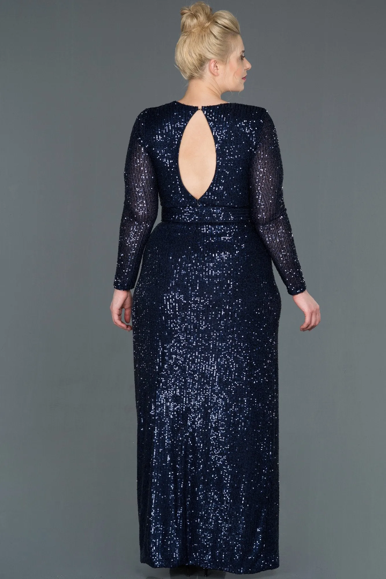 15695 Navy Blue Draped Belted Sequins Slit Dress