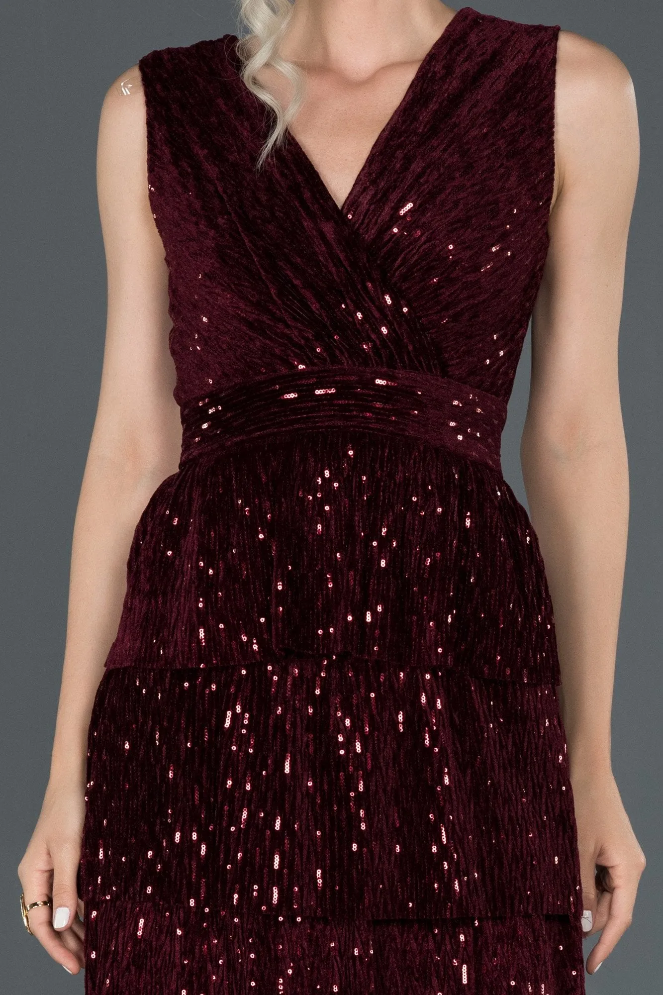 16055 Burgundy Tiered Sequins Velvet Dress