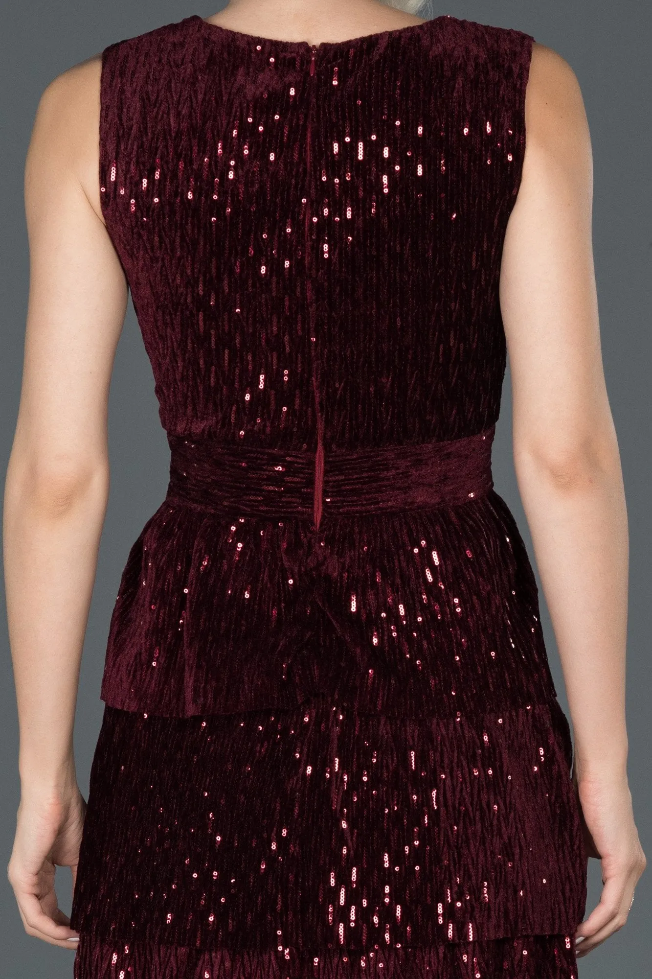 16055 Burgundy Tiered Sequins Velvet Dress