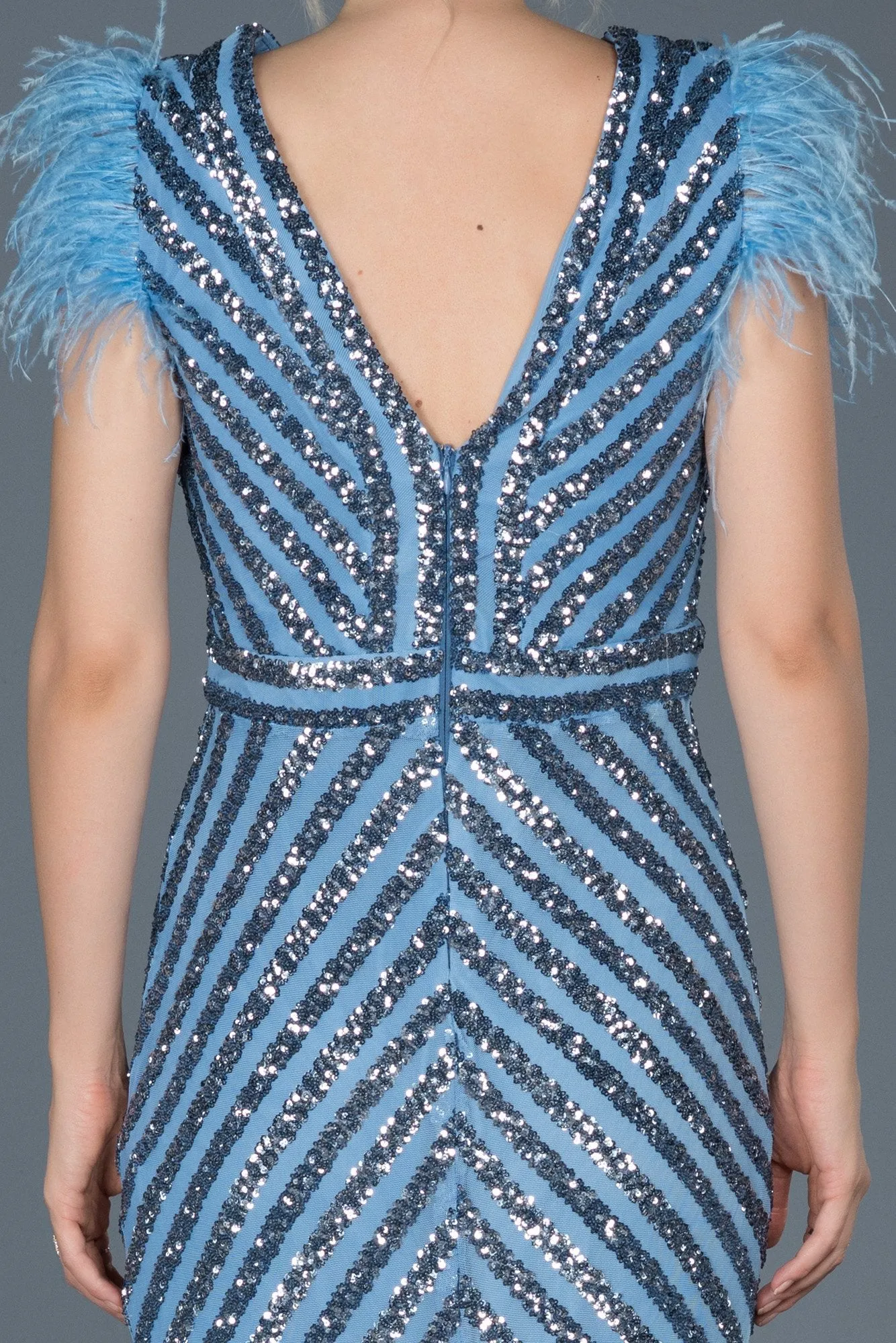 16075 Blue Feather Detail Sequined Dress