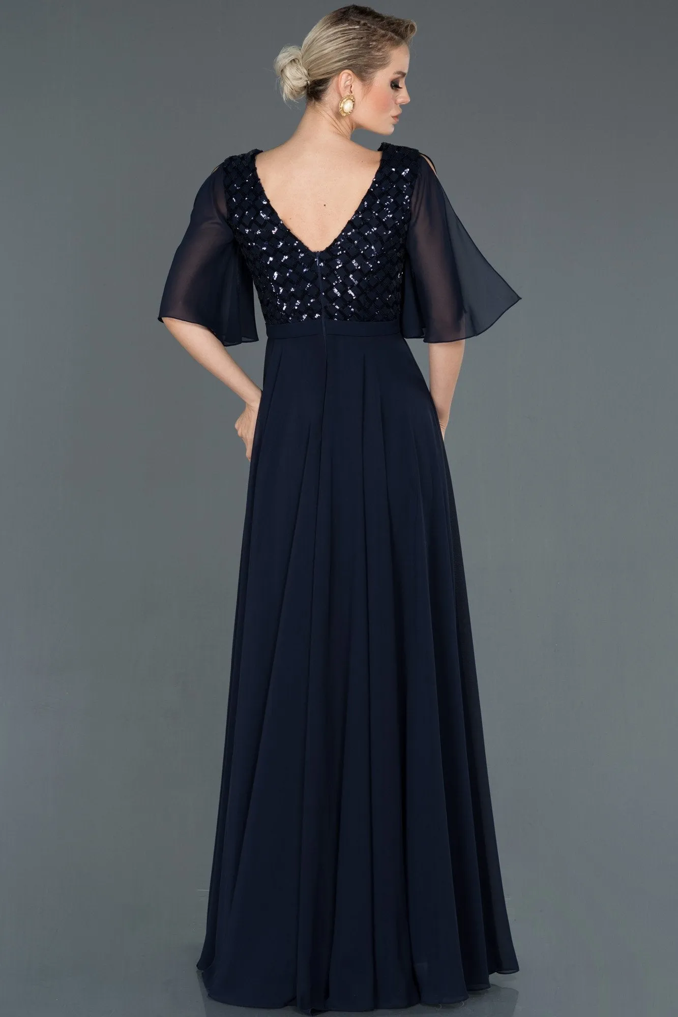 16084 Navy Blue Slit Sleeve Sequins Chiffon Dress