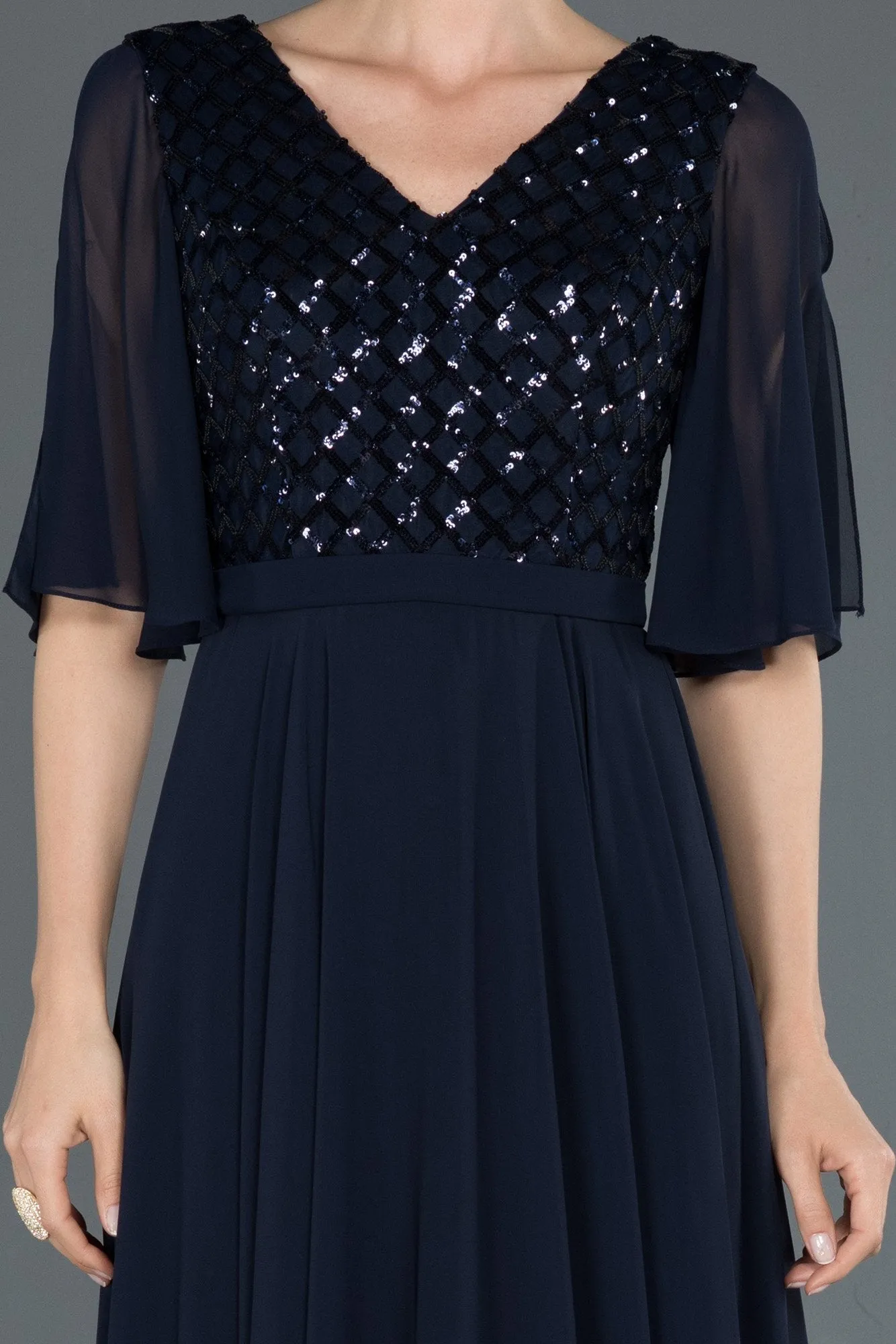 16084 Navy Blue Slit Sleeve Sequins Chiffon Dress