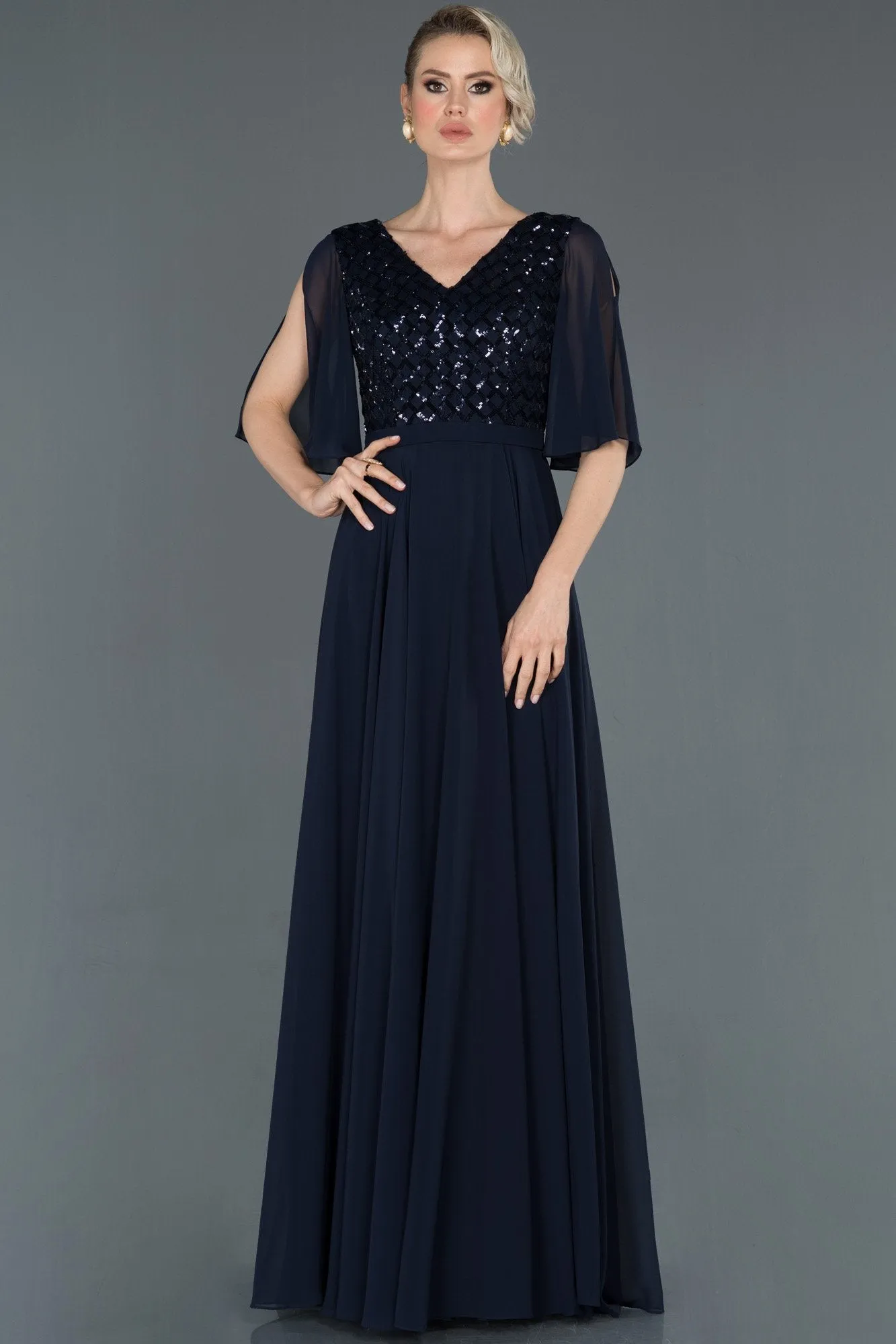 16084 Navy Blue Slit Sleeve Sequins Chiffon Dress