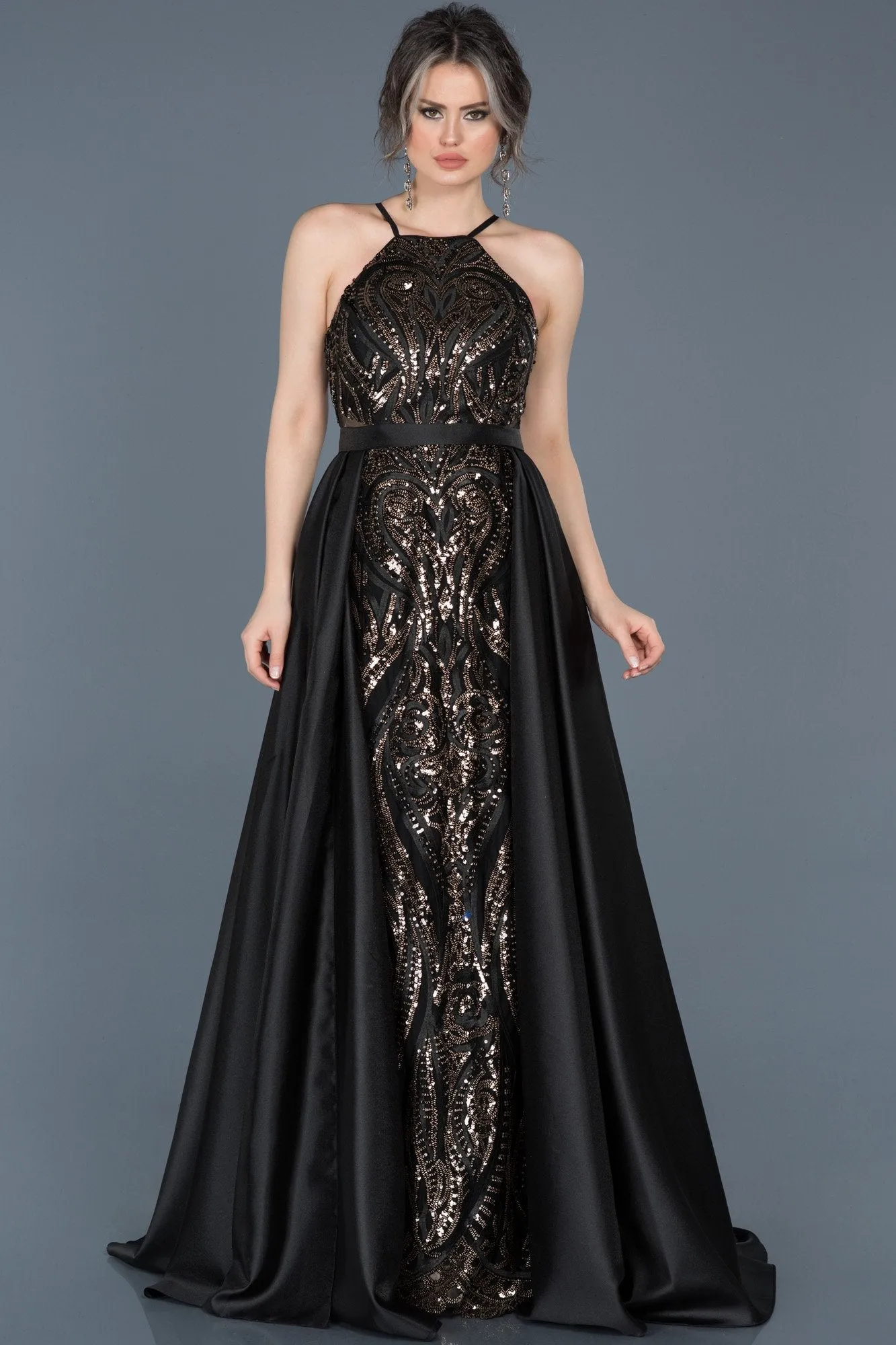 16590 Black Sequined Taffeta Skirt Evening Dress