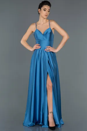 16662 Blue Back Cross Strap Satin Slit Dress