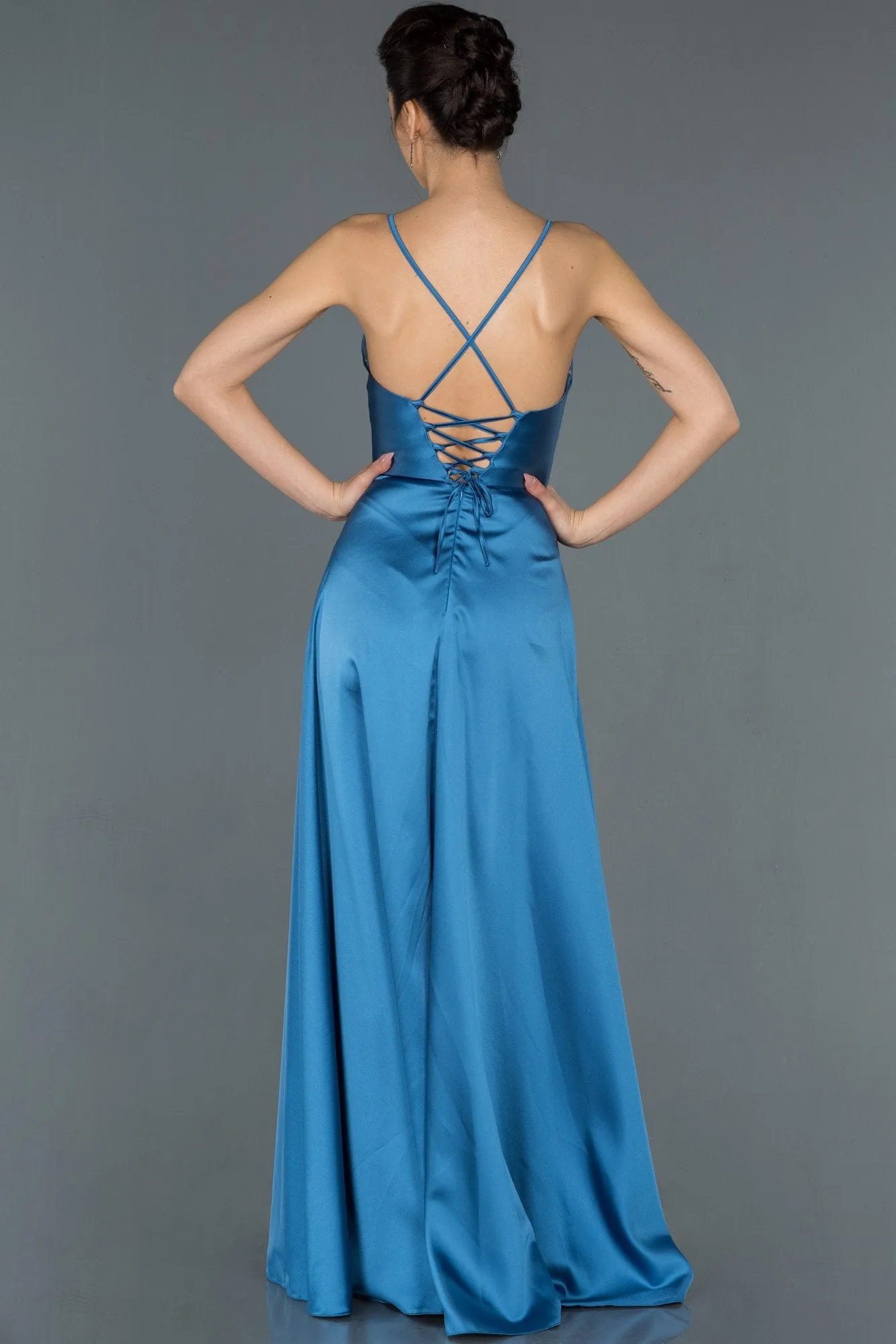 16662 Blue Back Cross Strap Satin Slit Dress