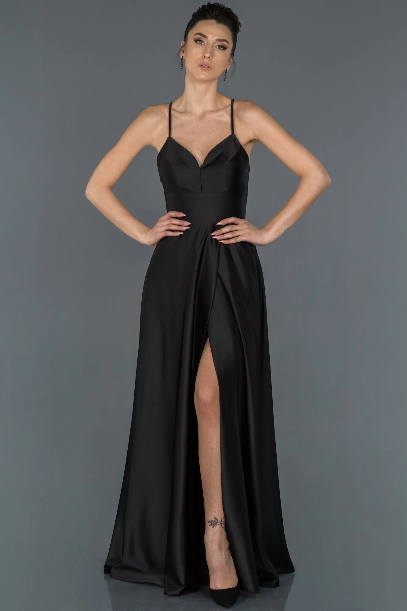 16667 Black Back Cross Strap Satin Slit Dress