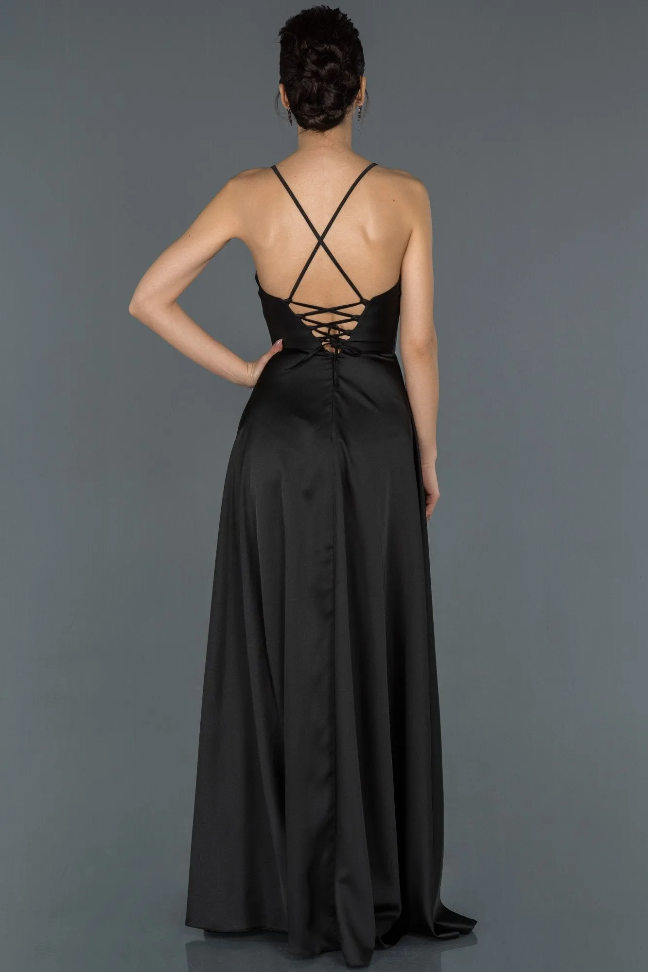 16667 Black Back Cross Strap Satin Slit Dress