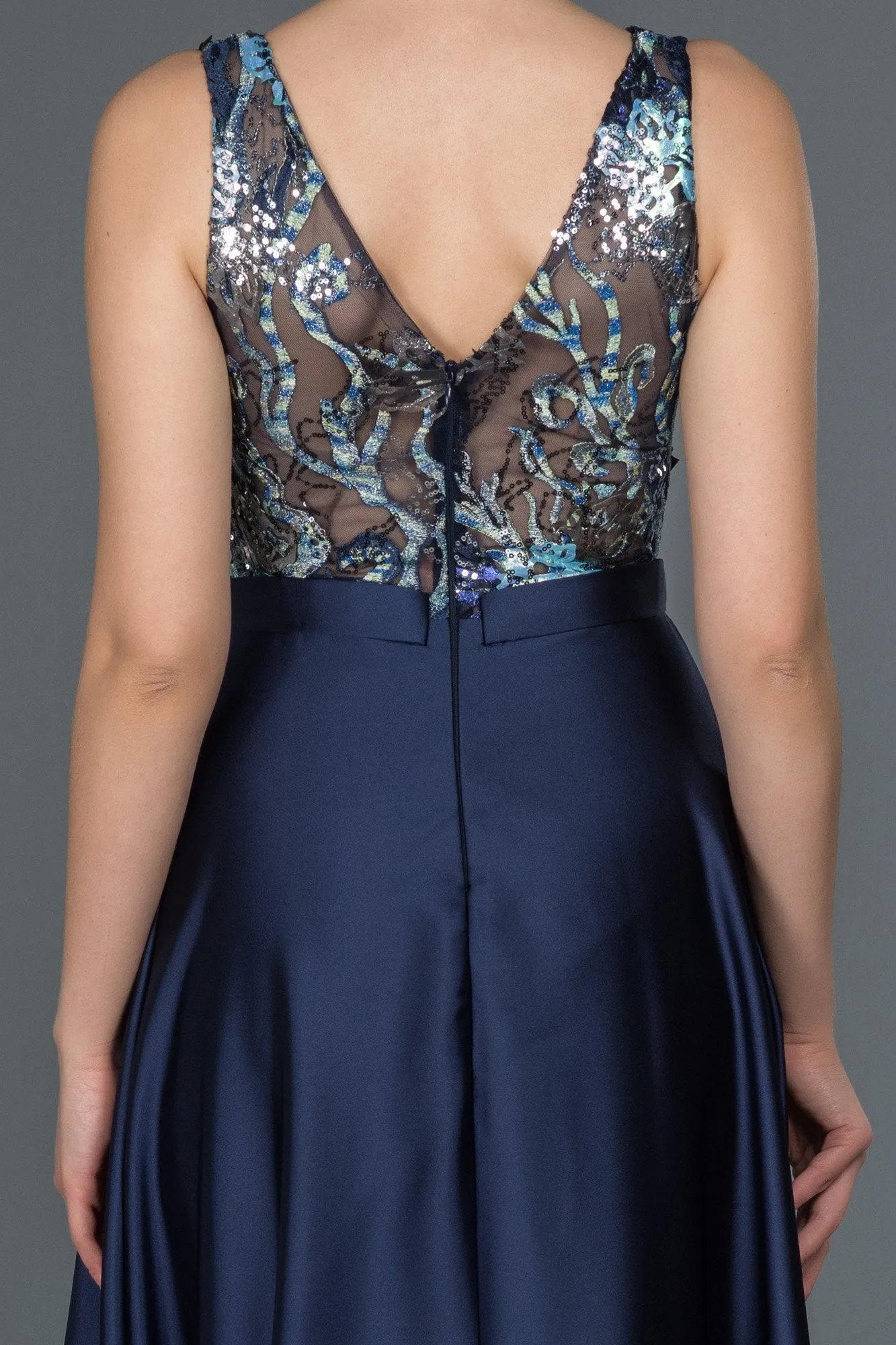 16678 Navy Blue Embroidered Top Satin Dress