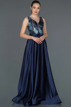 16678 Navy Blue Embroidered Top Satin Dress