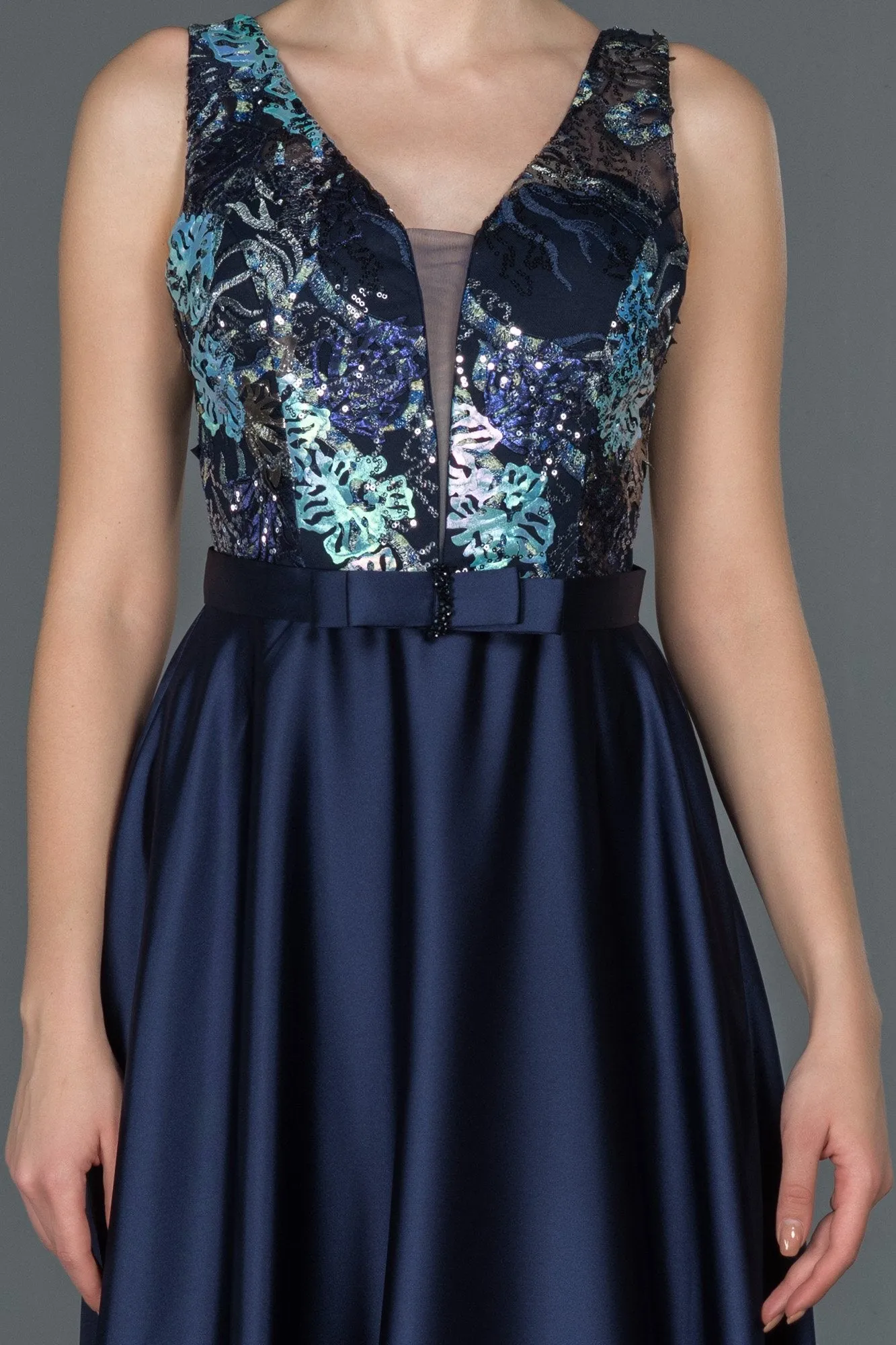 16678 Navy Blue Embroidered Top Satin Dress