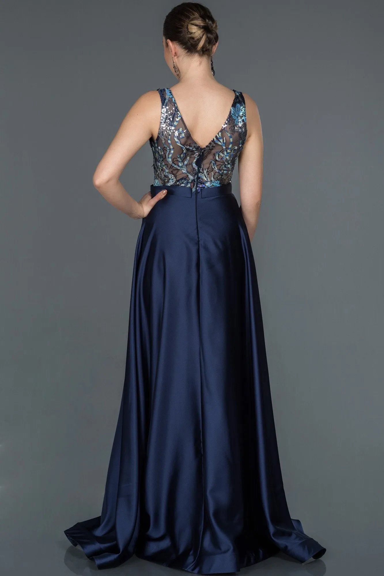 16678 Navy Blue Embroidered Top Satin Dress