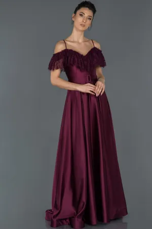 16695 Plum Lace Collar Belt Satin Dress