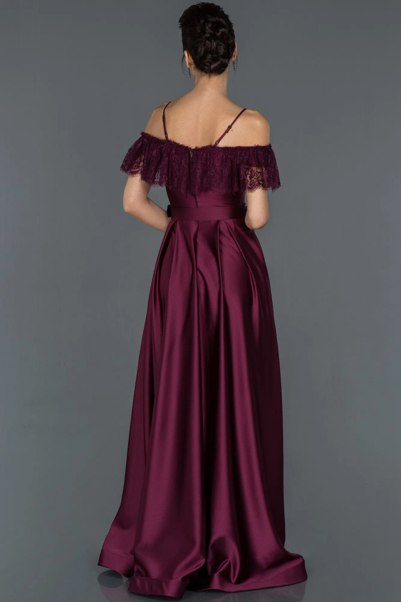 16695 Plum Lace Collar Belt Satin Dress