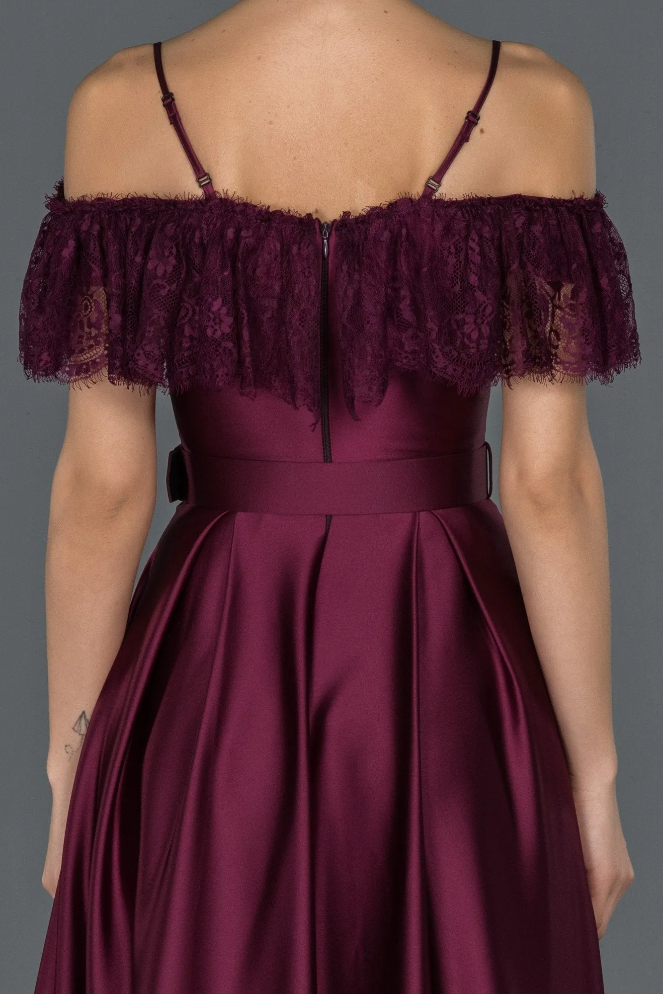 16695 Plum Lace Collar Belt Satin Dress