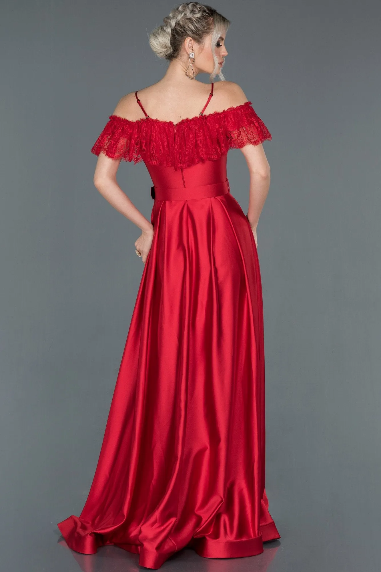 16712 Red Lace Collar Belt Satin Dress