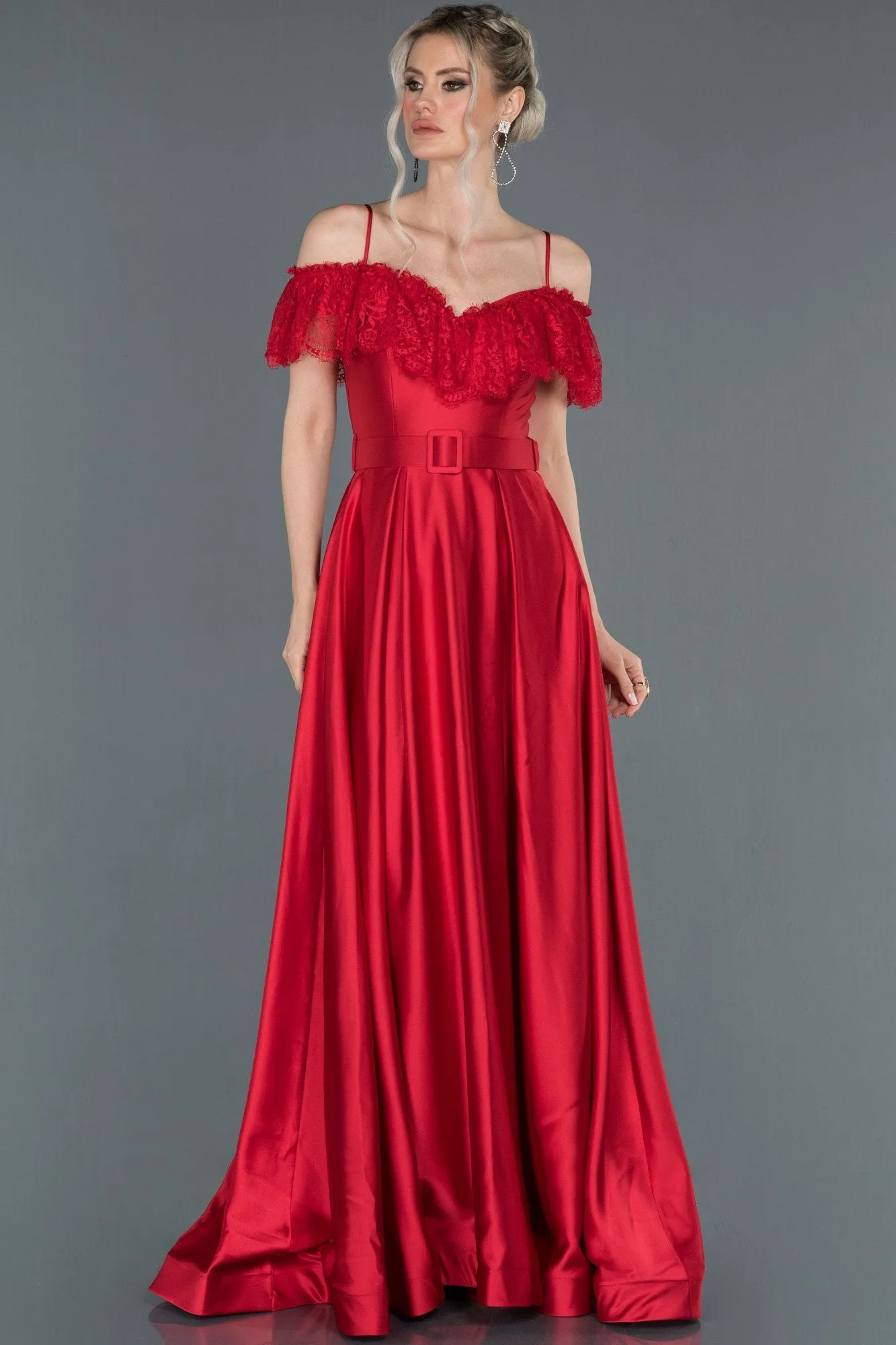 16712 Red Lace Collar Belt Satin Dress