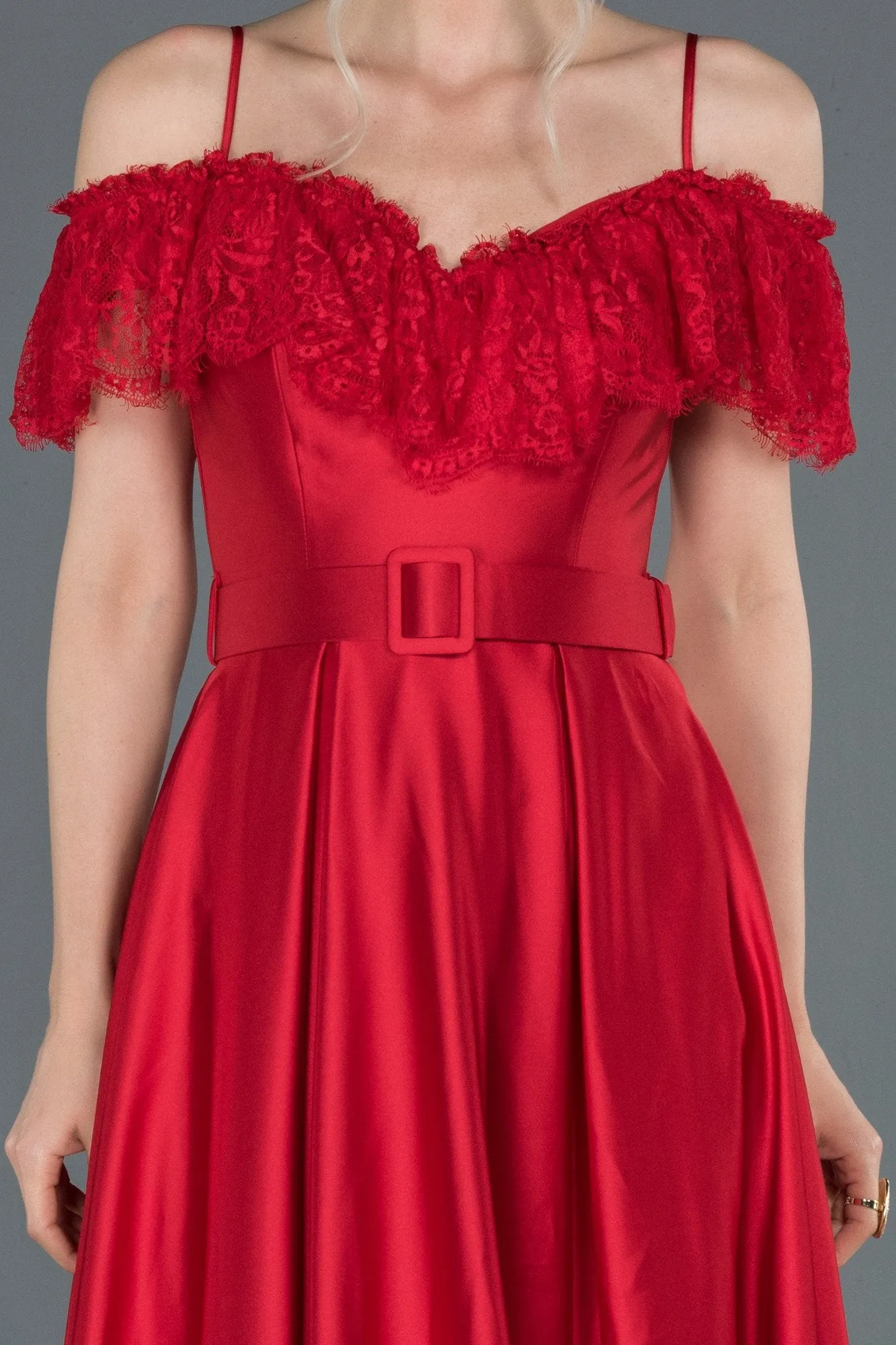 16712 Red Lace Collar Belt Satin Dress