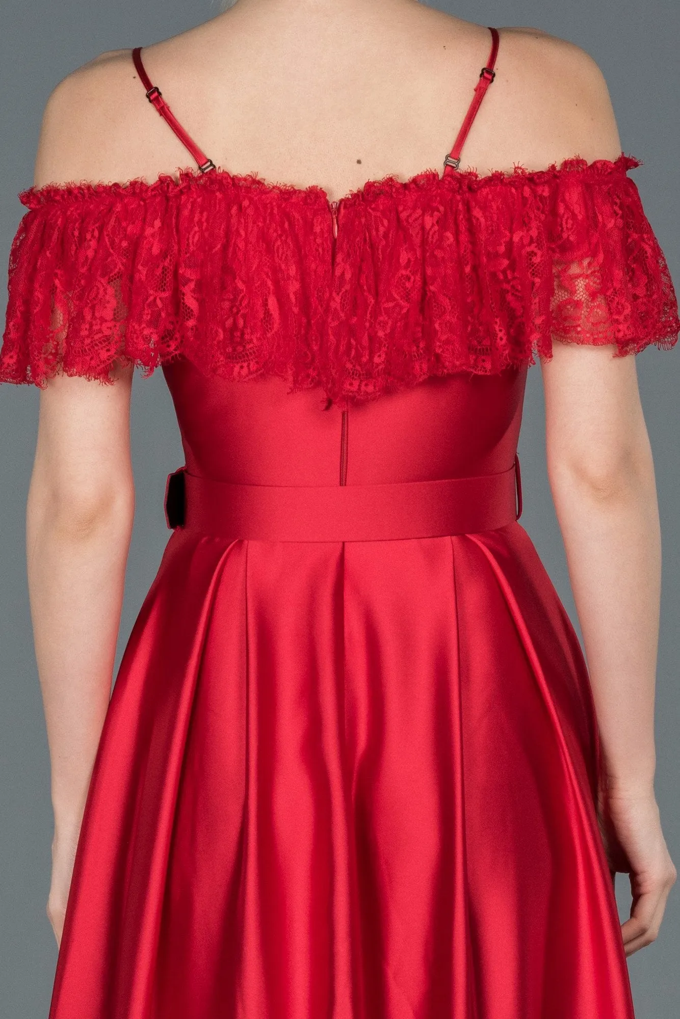 16712 Red Lace Collar Belt Satin Dress