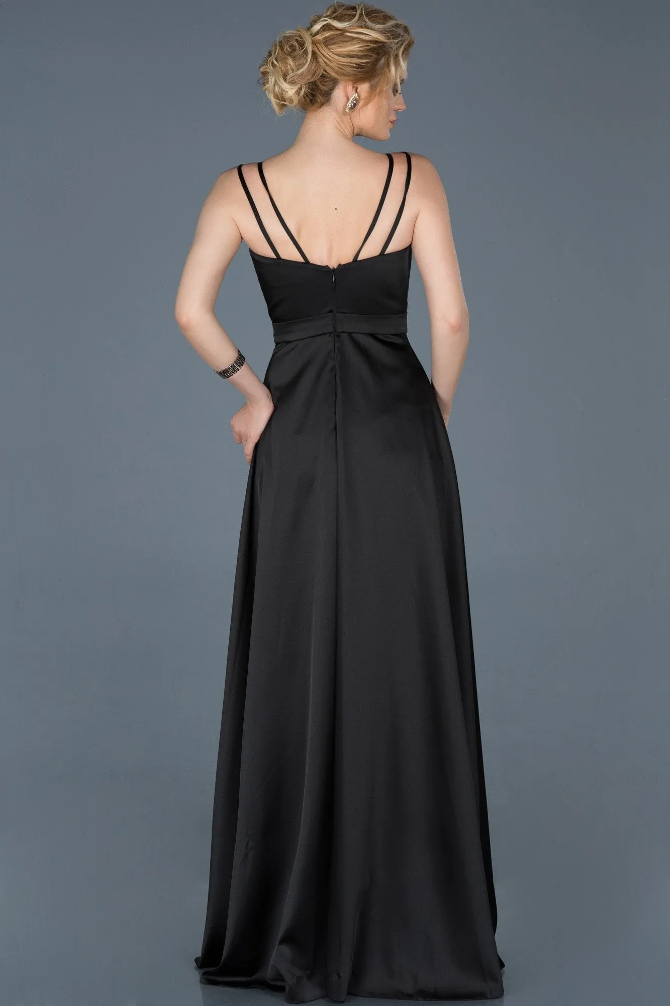 16739 Black Slit Satin Dress