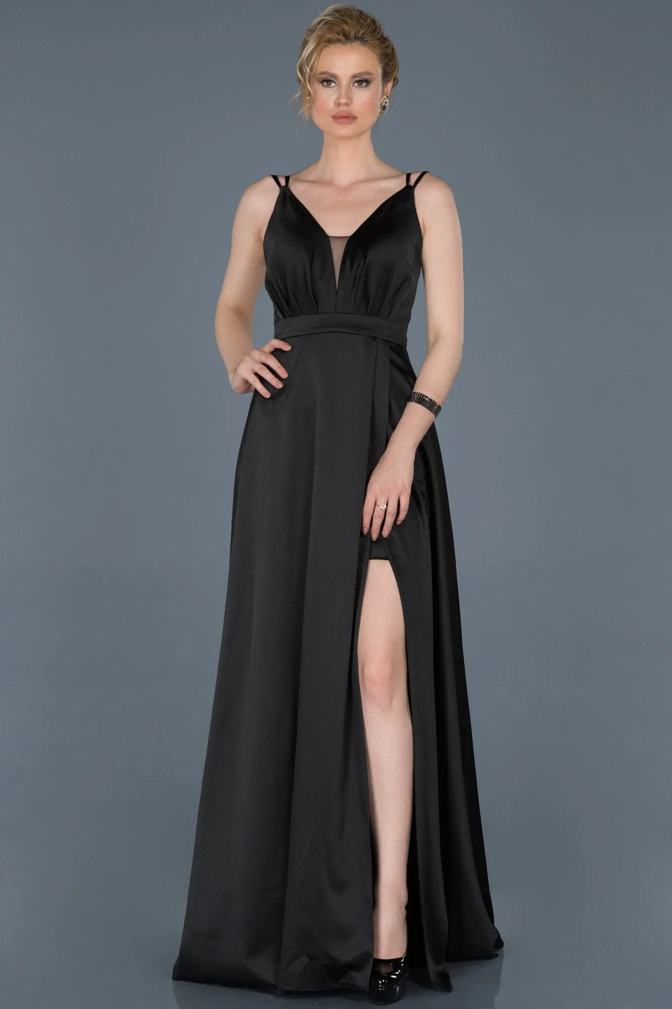 16739 Black Slit Satin Dress