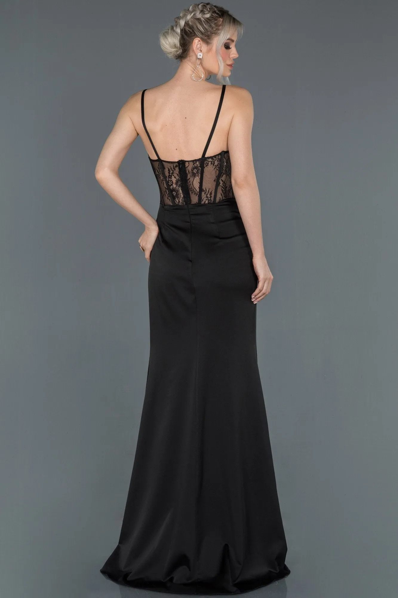 16753 Black Transparent Waist Satin Dress