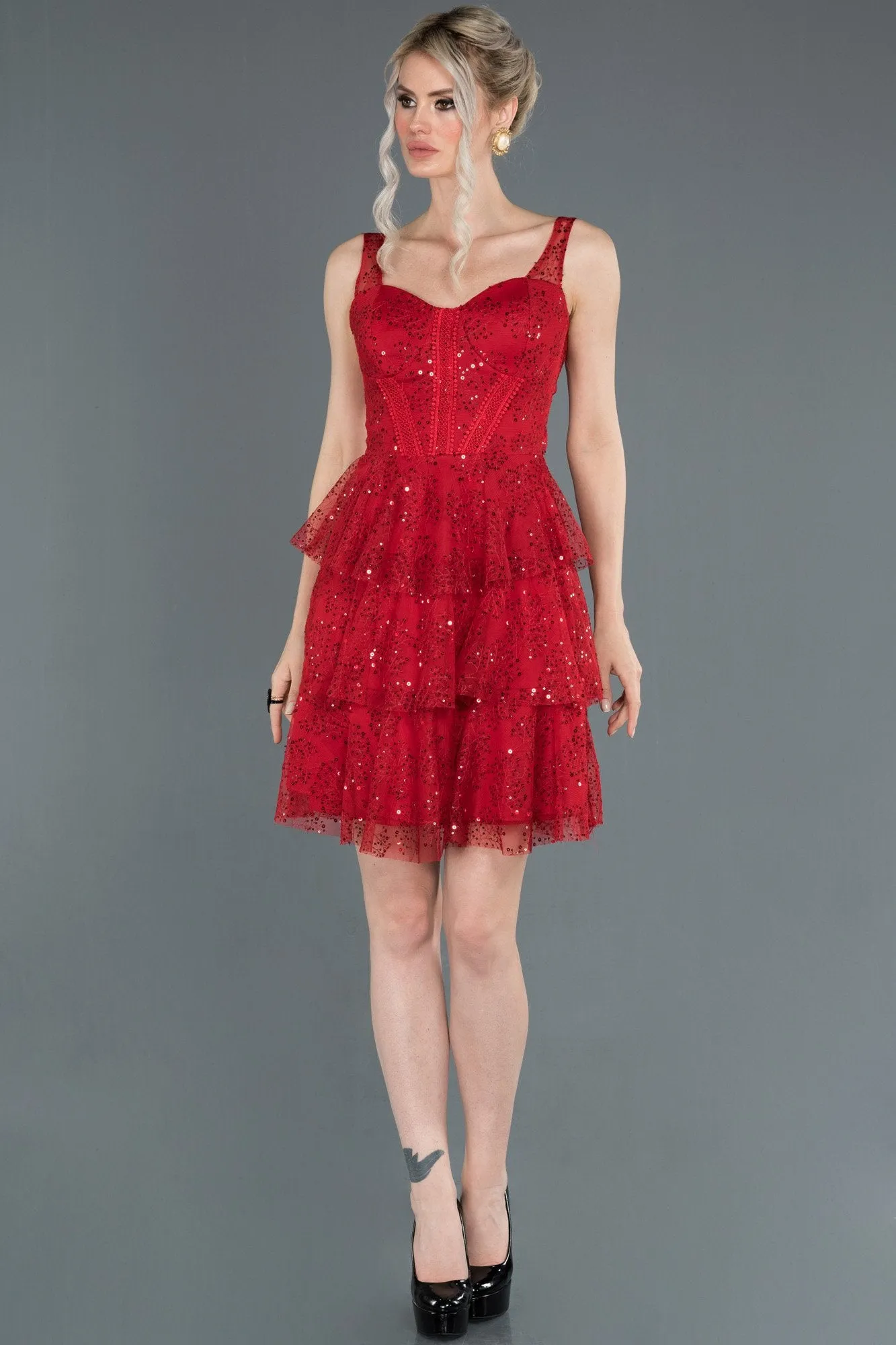 16775 Red Sequined Tulle Tiered Dress