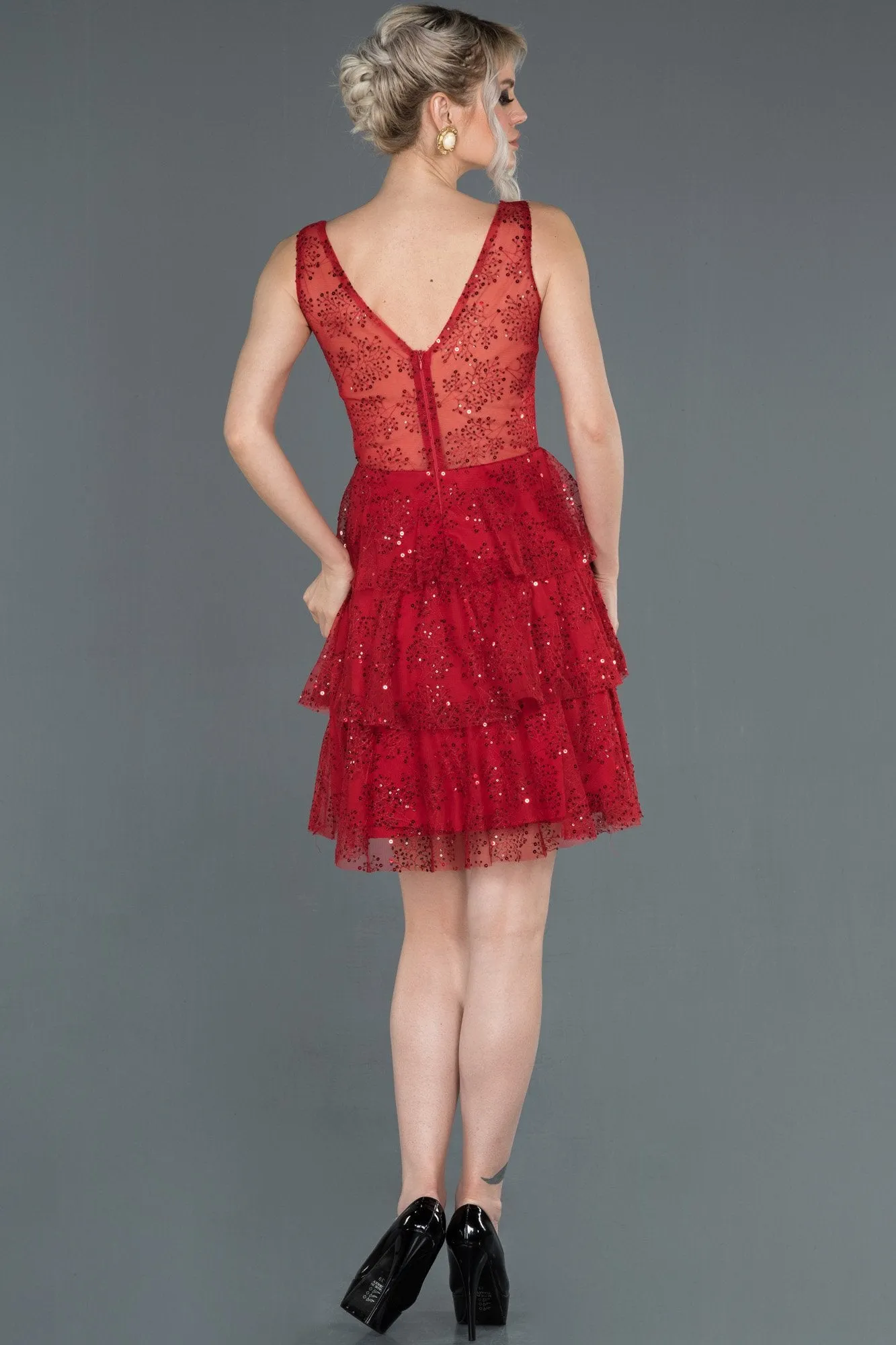 16775 Red Sequined Tulle Tiered Dress