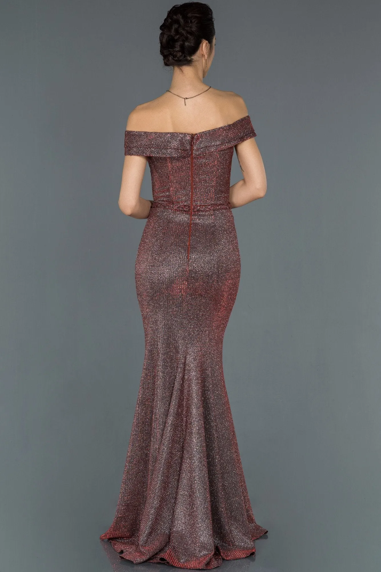 16912 Red Shimmer Off-Shoulder Slit Dress