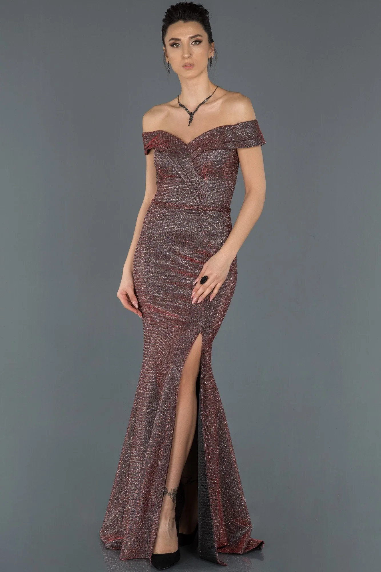 16912 Red Shimmer Off-Shoulder Slit Dress