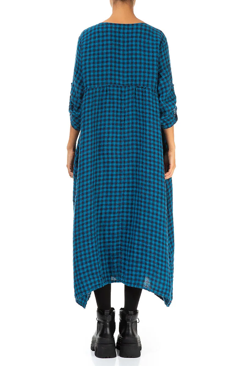 Buttoned Blue Check Linen Dress