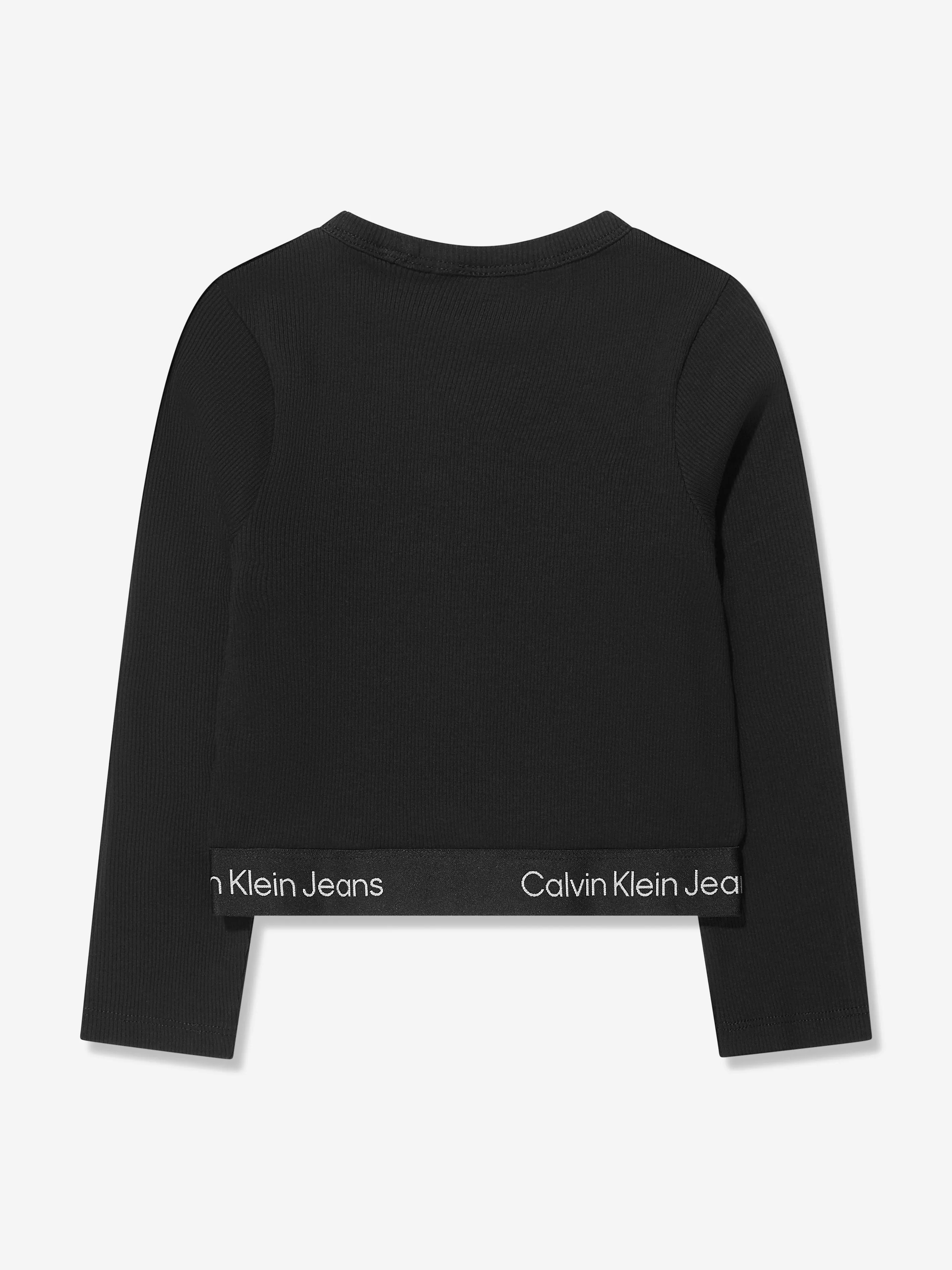 Calvin Klein Girls Rib Tape Long Sleeve Top in Black