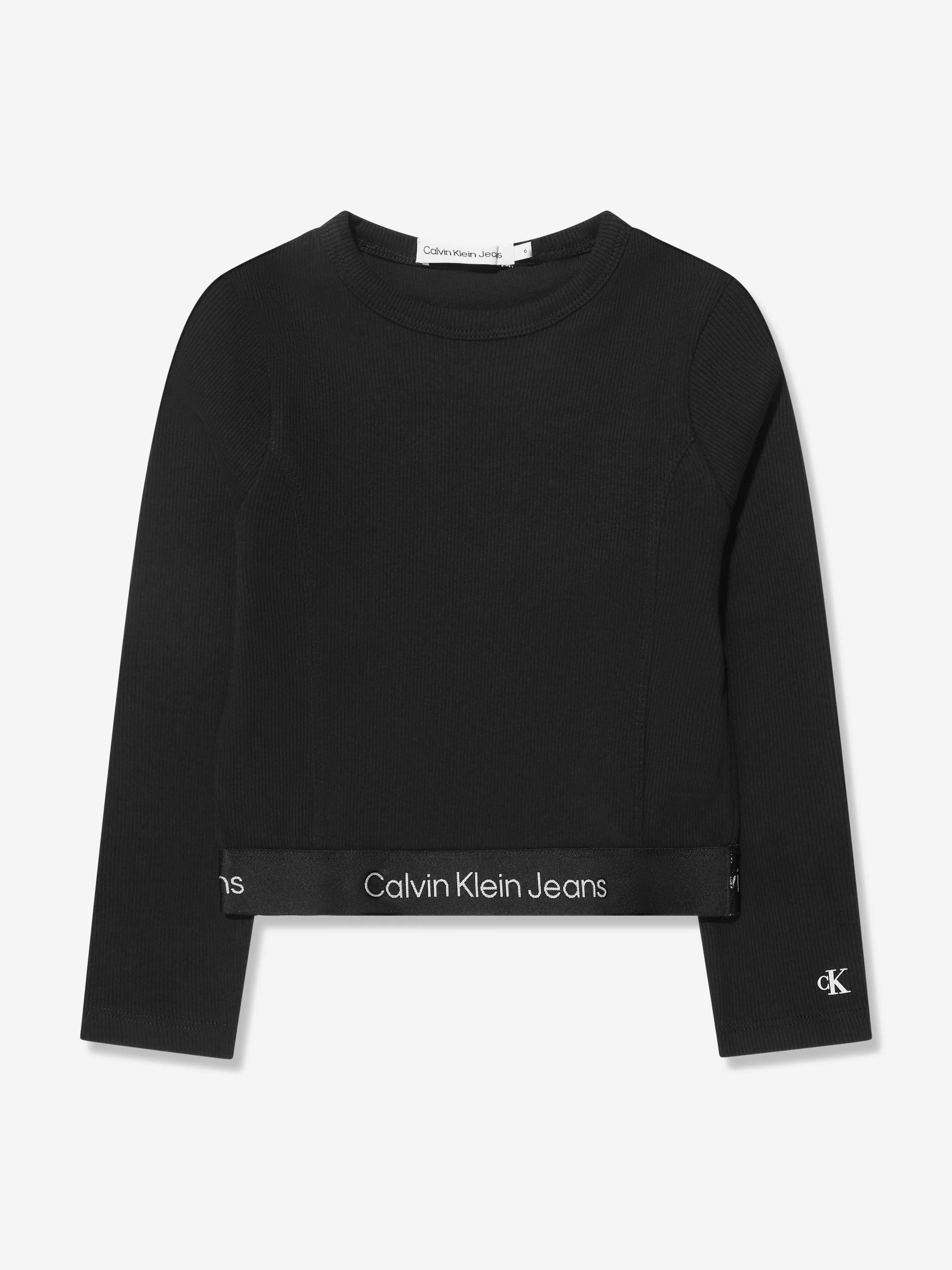 Calvin Klein Girls Rib Tape Long Sleeve Top in Black