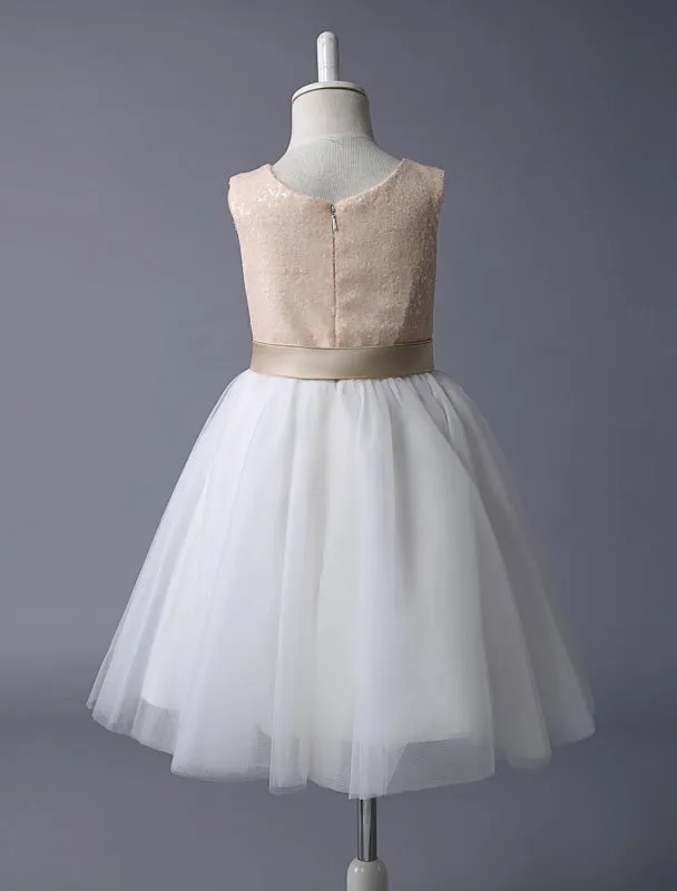 Champagne Tulle A Line Flower Girl Dress Pageant Dress Knee Length Dinner Dress With Bow