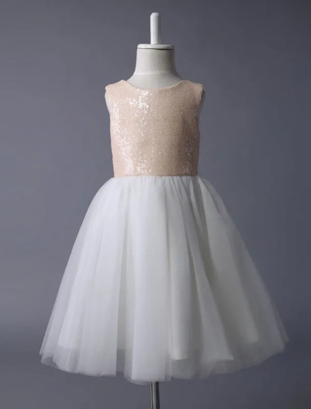 Champagne Tulle A Line Flower Girl Dress Pageant Dress Knee Length Dinner Dress With Bow