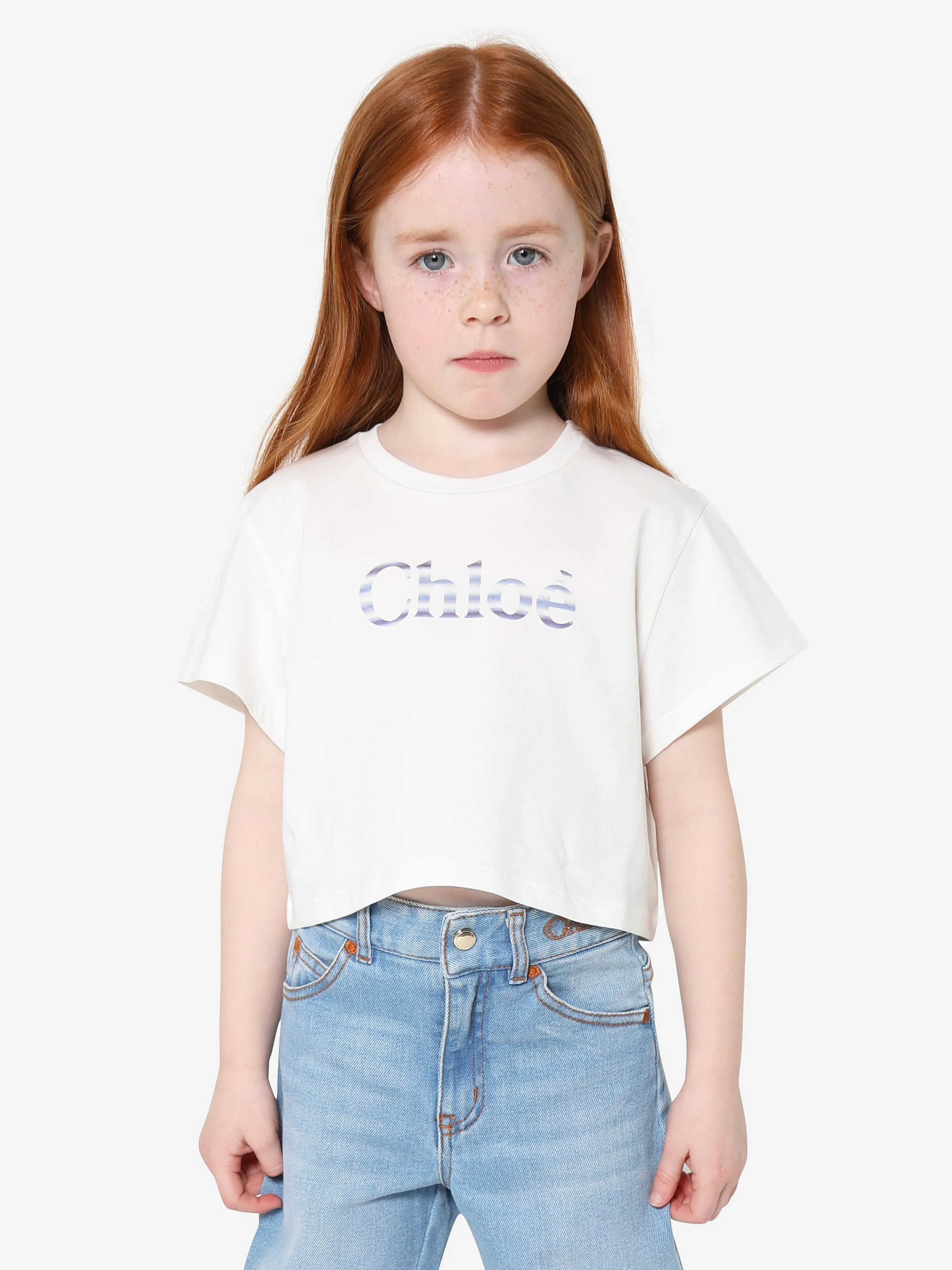 Chloé Girls Organic Cotton Cropped T-Shirt in Ivory