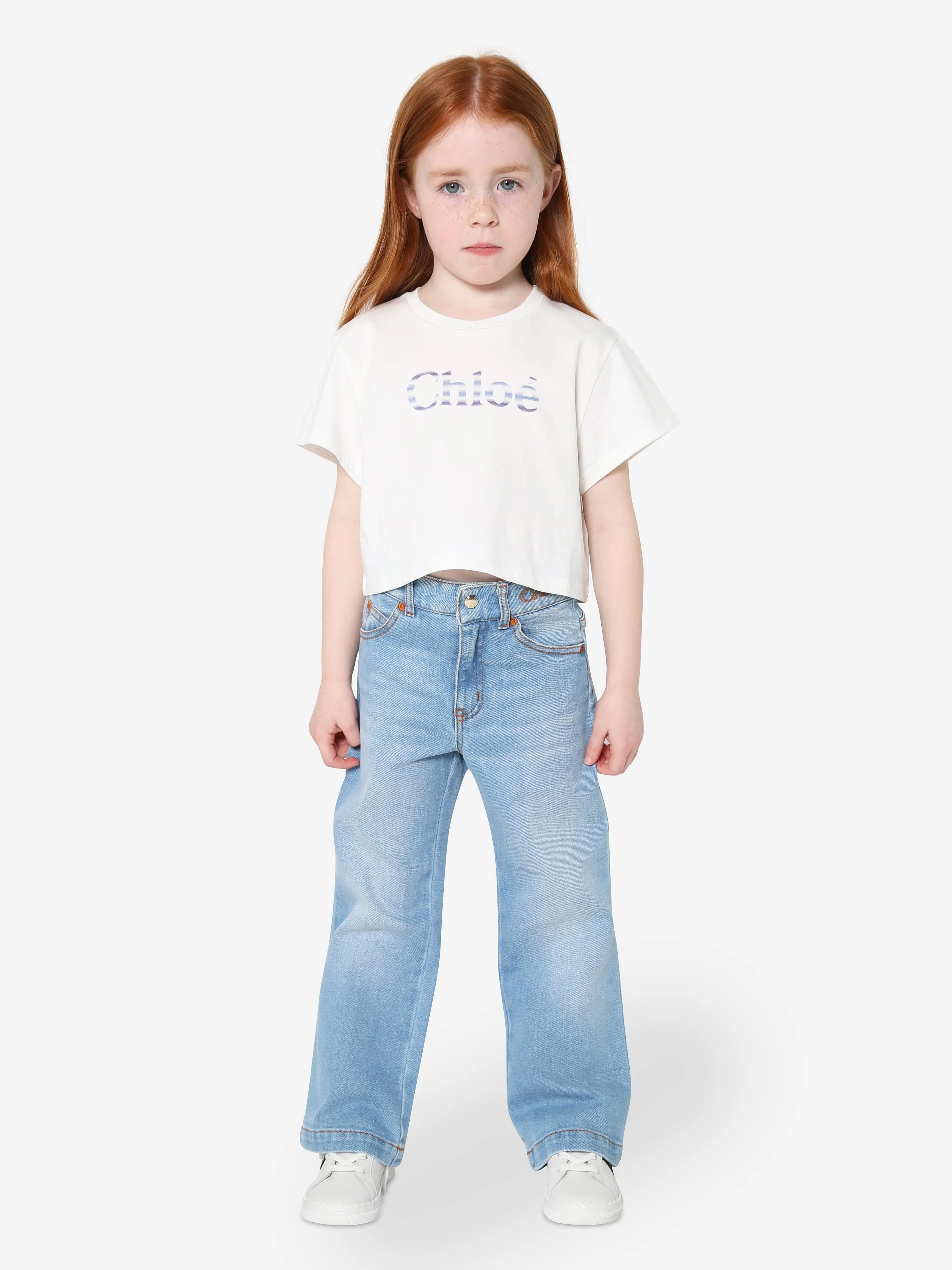 Chloé Girls Organic Cotton Cropped T-Shirt in Ivory