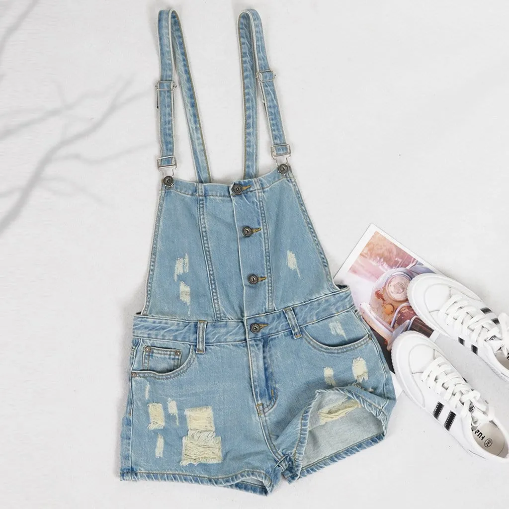 Cross Back Frayed Denim Short Overalls