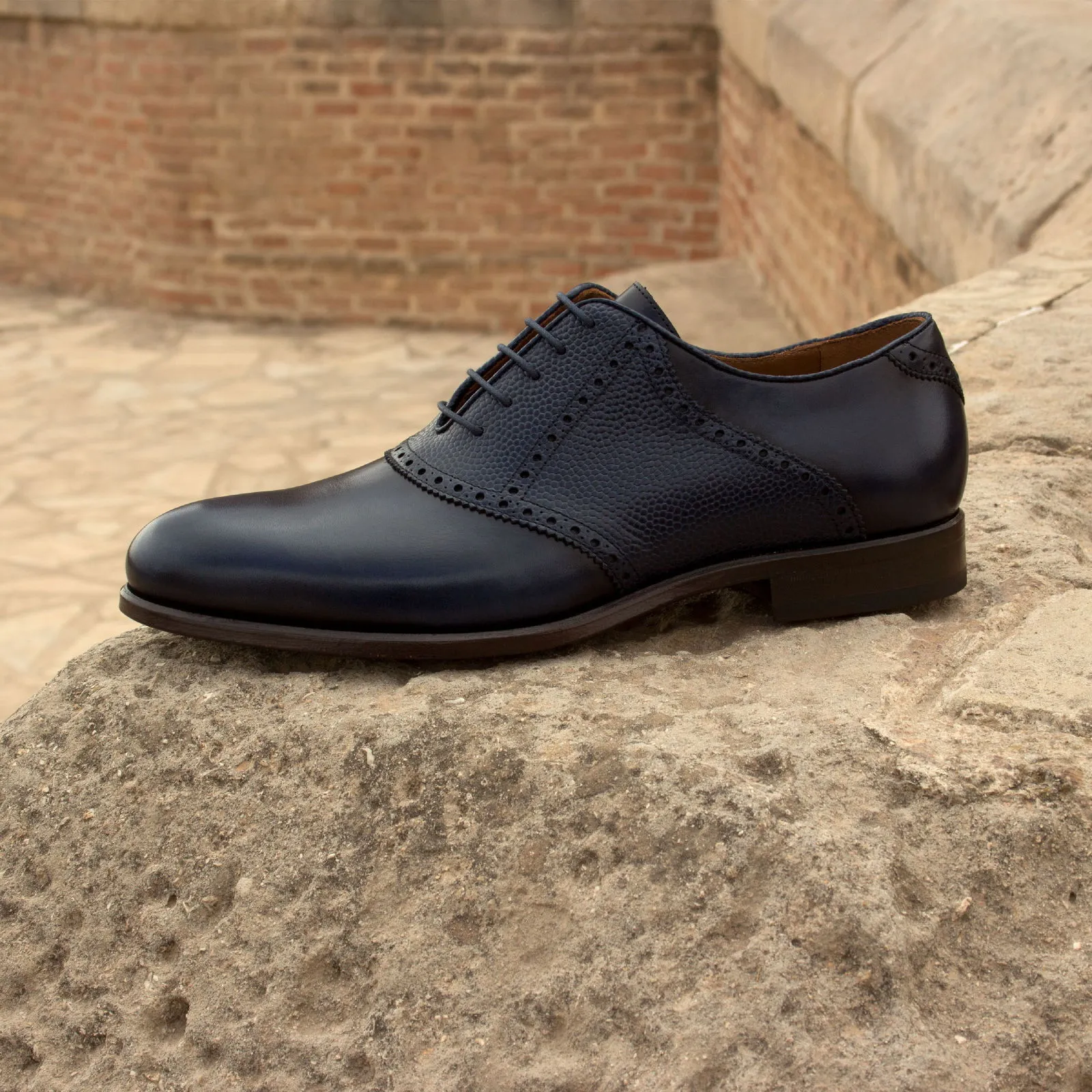 DapperFam Fabrizio in Navy Men's Italian Leather & Italian Pebble Grain Leather Saddle