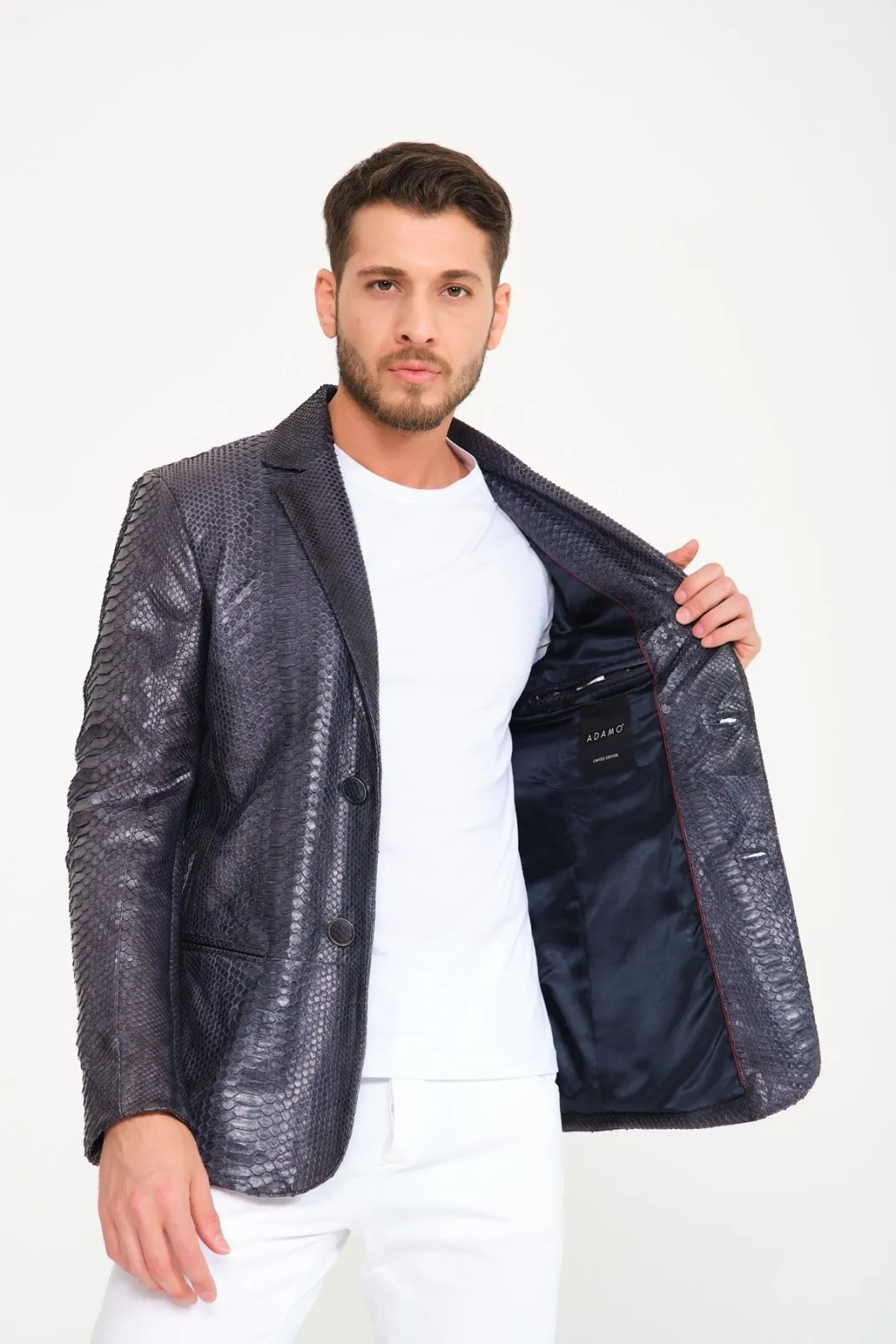 Dark Navy Python Leather Blazer Jacket