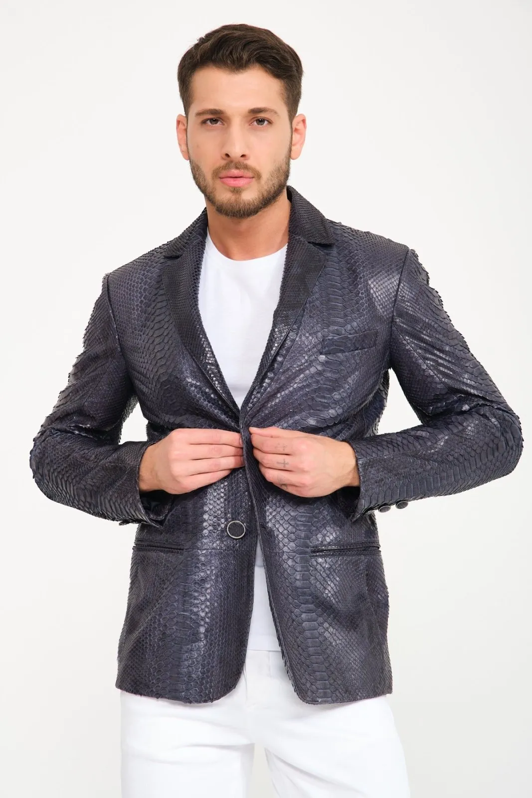 Dark Navy Python Leather Blazer Jacket