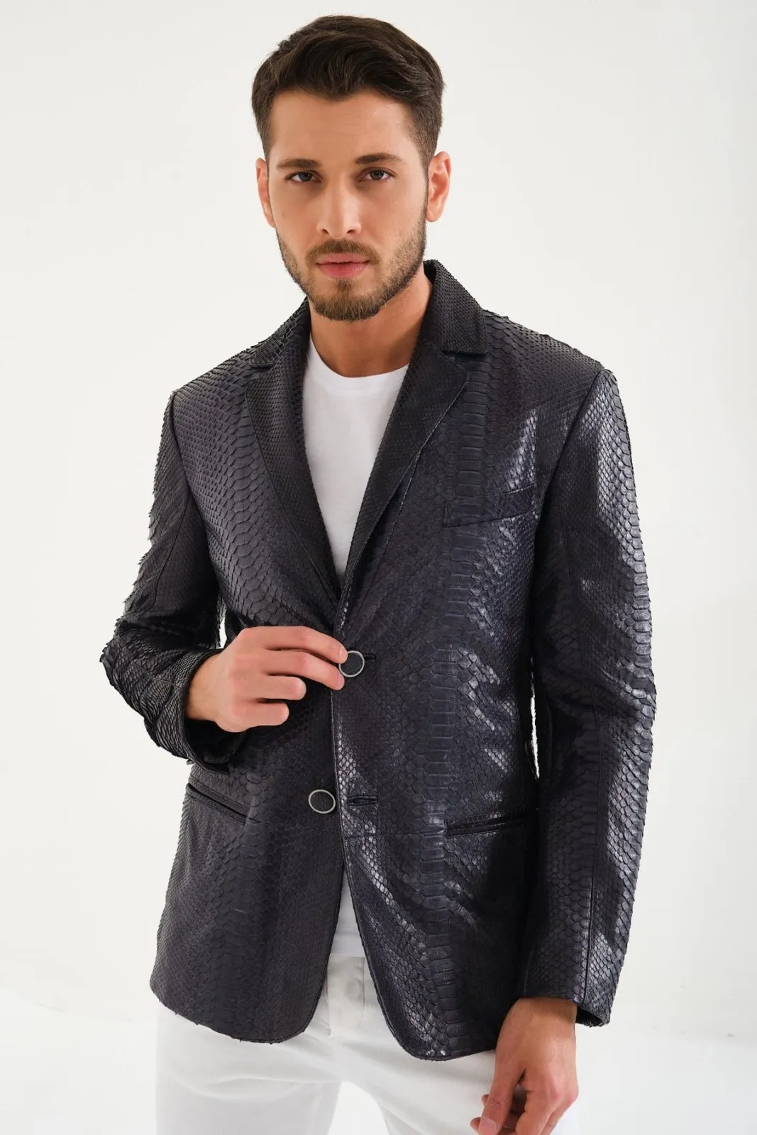 Dark Navy Python Leather Blazer Jacket