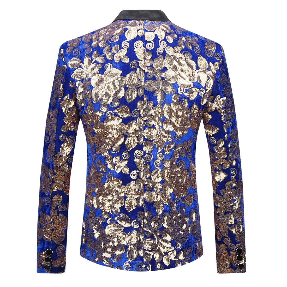 Electric Blue with Gold Sequins Shawl Lapel Men Velvet Slim Fit Blazer