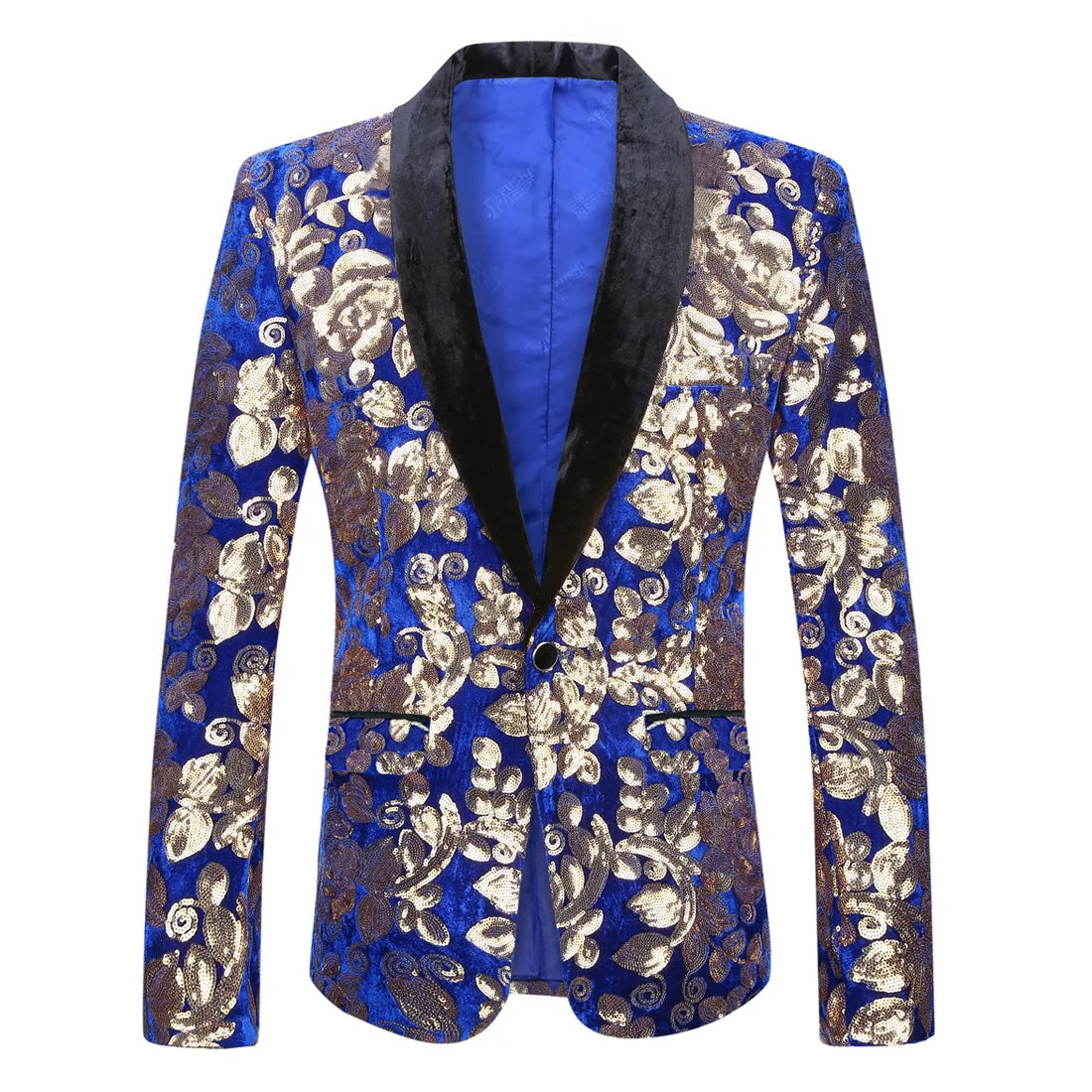 Electric Blue with Gold Sequins Shawl Lapel Men Velvet Slim Fit Blazer