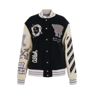 Embroidered Patch Logo Varsity Jacket in Black/Lilac