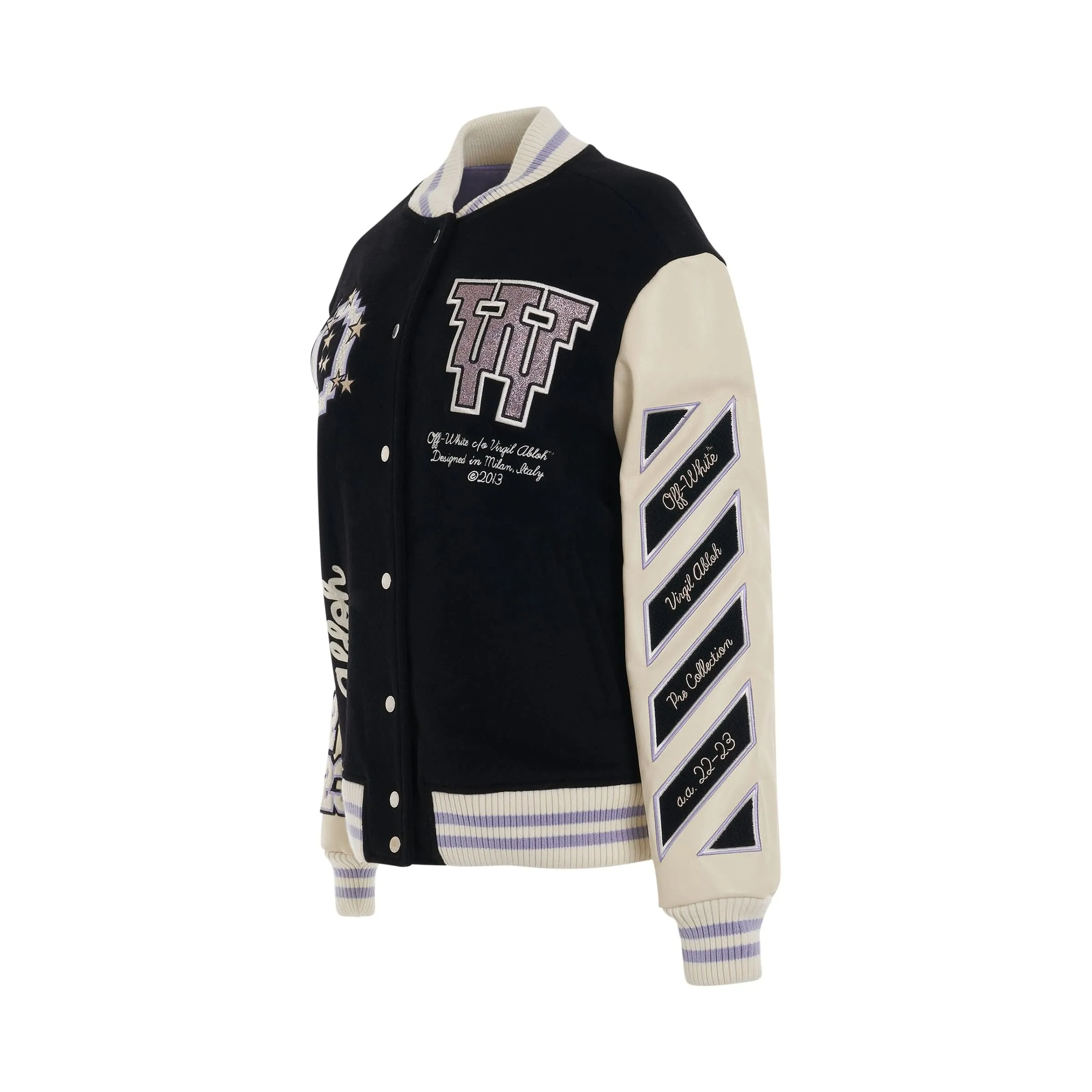 Embroidered Patch Logo Varsity Jacket in Black/Lilac